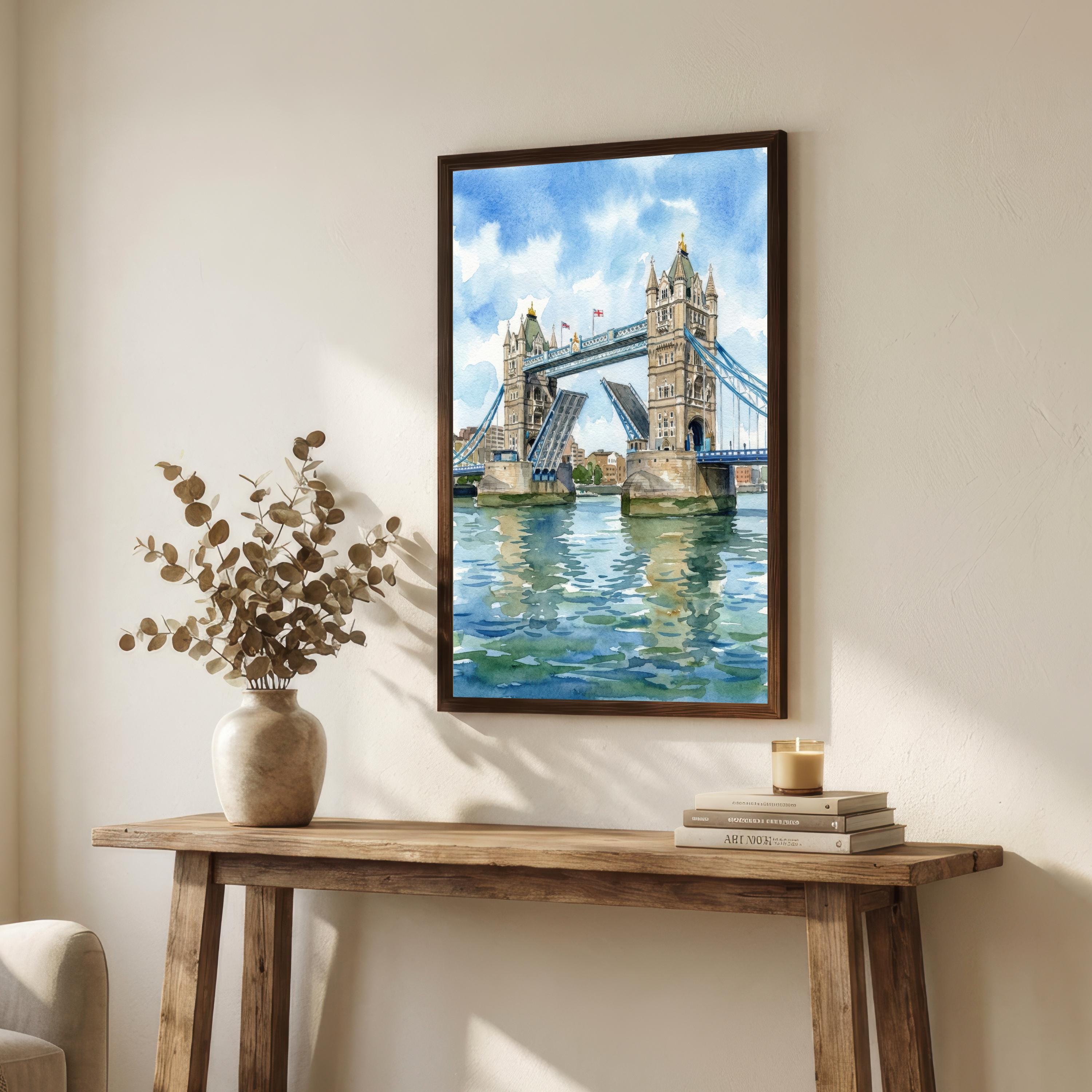 London Bridge Watercolour Painting Poster London England Wall Art City Landmark Landscape Print Gift for UK Travel Lovers and Historic Decor