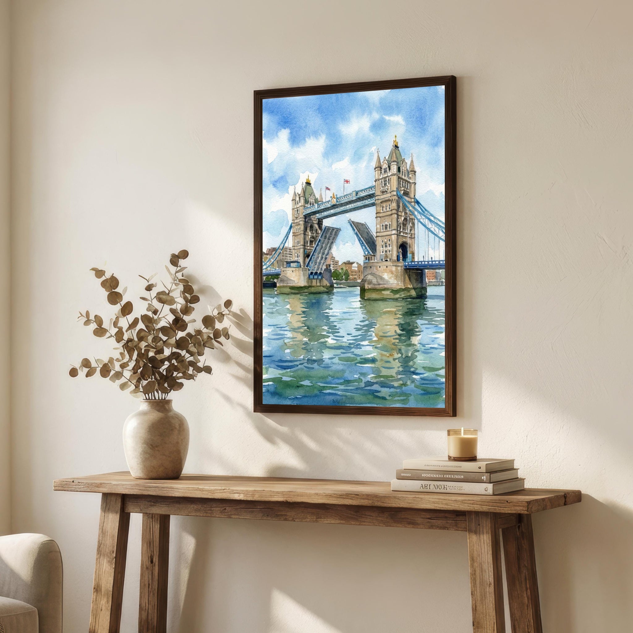 London Bridge Watercolour Painting Poster London England Wall Art City Landmark Landscape Print Gift for UK Travel Lovers and Historic Decor