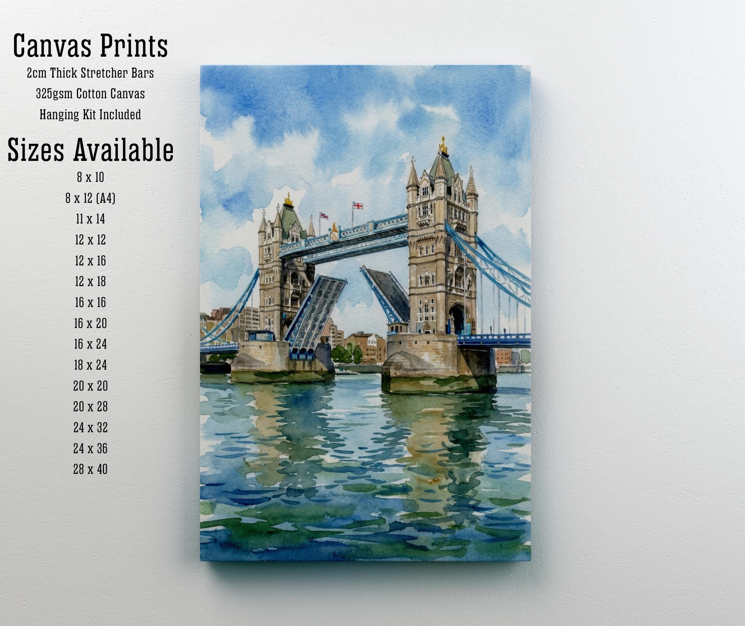 London Bridge Watercolour Painting Poster London England Wall Art City Landmark Landscape Print Gift for UK Travel Lovers and Historic Decor