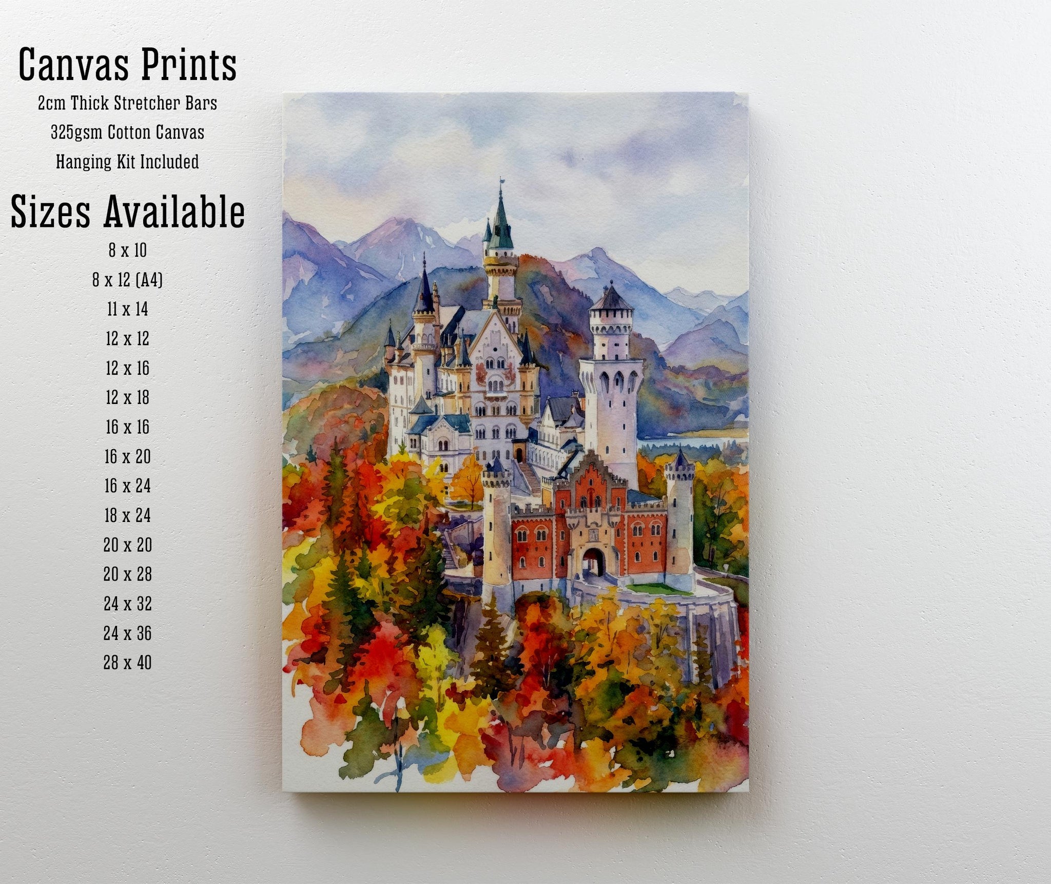 Neuschwanstein Watercolour Painting Poster Germany Wall Art Castle Mountain Landscape Print Gift for Europe Travel Lovers and Scenic Decor