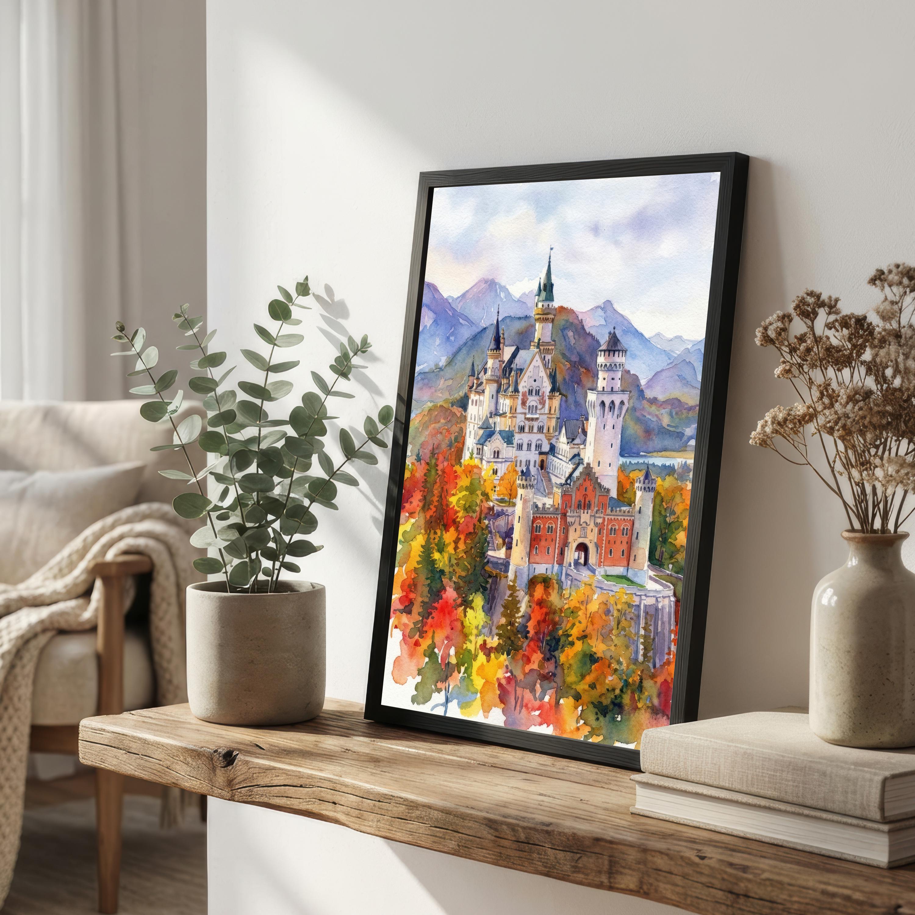 Neuschwanstein Watercolour Painting Poster Germany Wall Art Castle Mountain Landscape Print Gift for Europe Travel Lovers and Scenic Decor