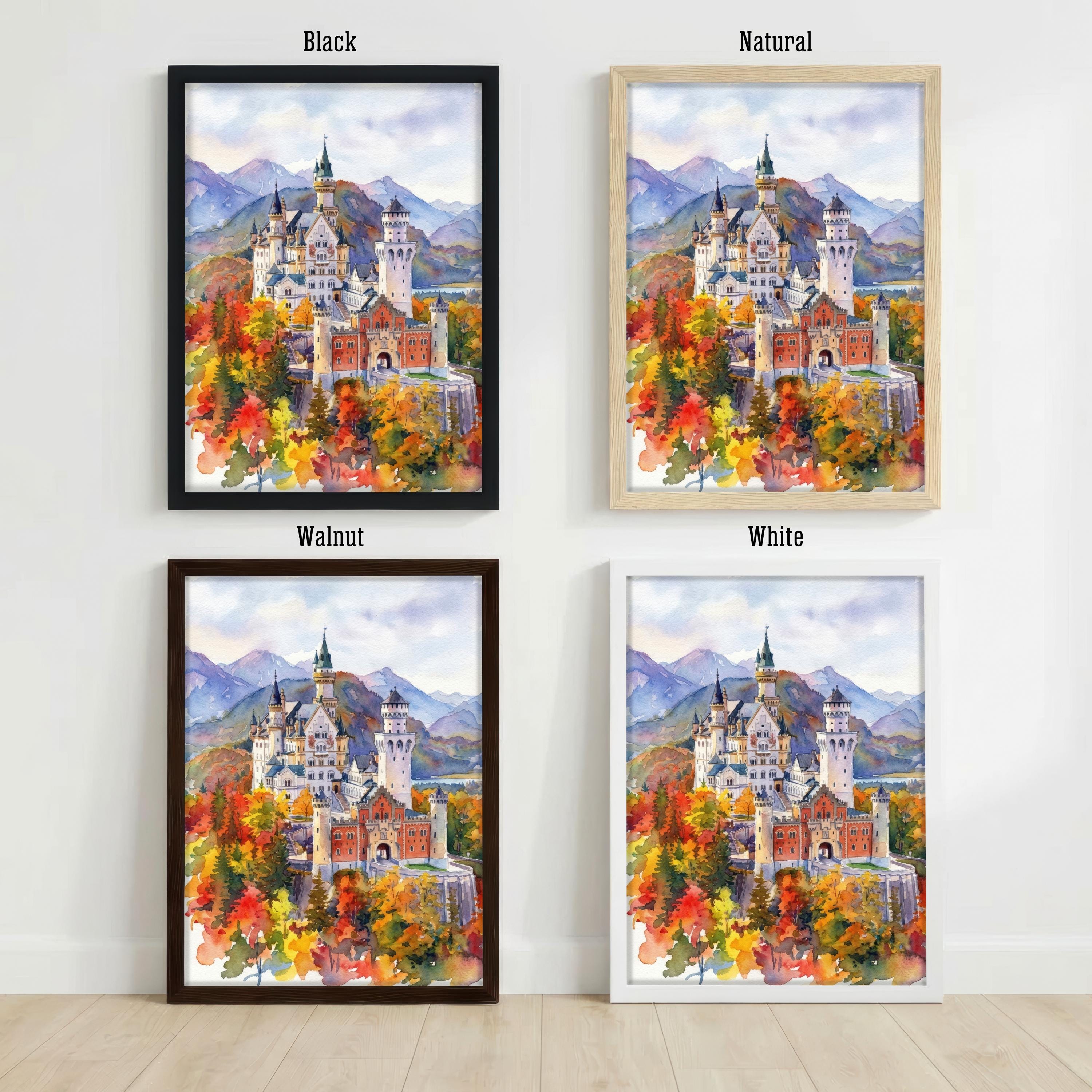 Neuschwanstein Watercolour Painting Poster Germany Wall Art Castle Mountain Landscape Print Gift for Europe Travel Lovers and Scenic Decor
