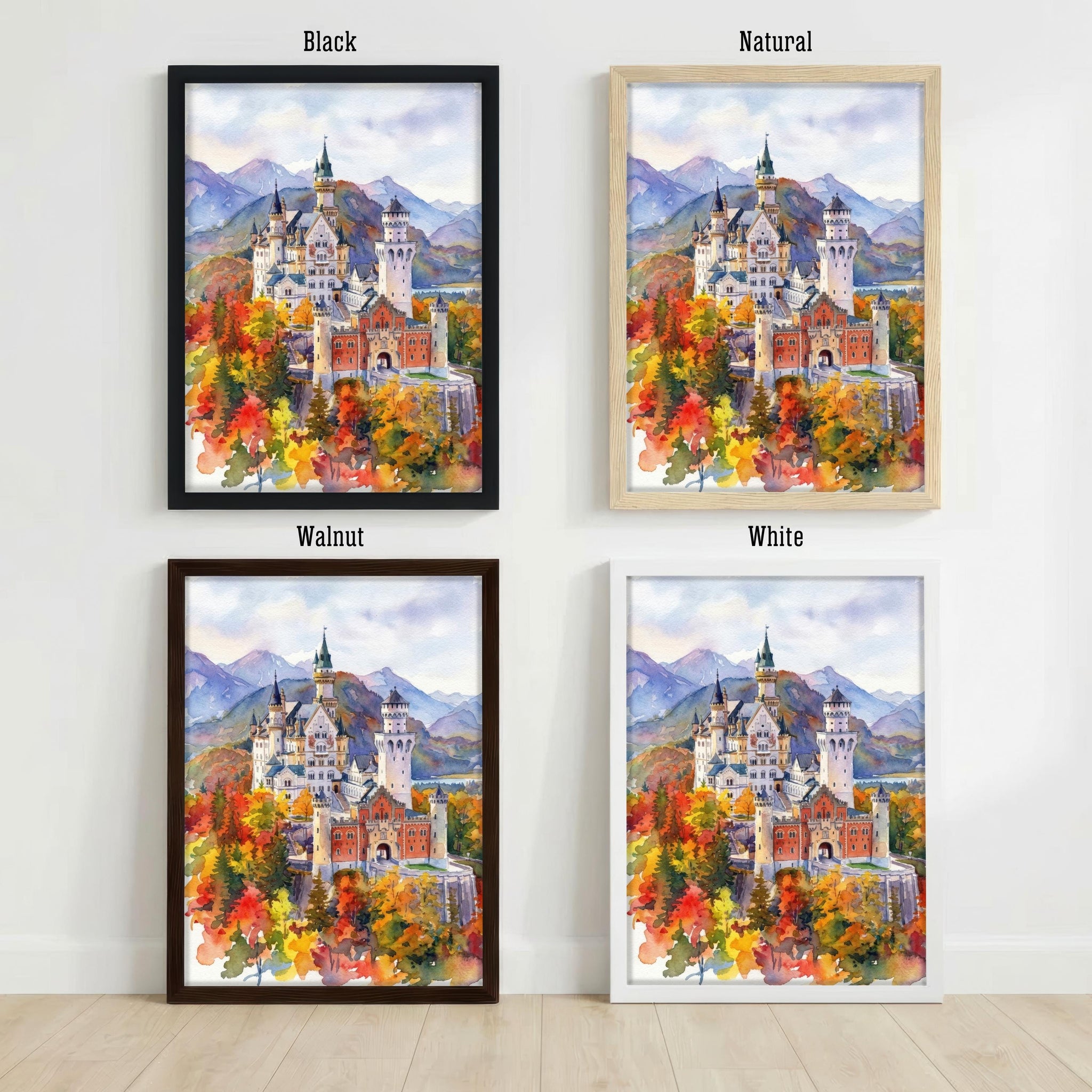 Neuschwanstein Watercolour Painting Poster Germany Wall Art Castle Mountain Landscape Print Gift for Europe Travel Lovers and Scenic Decor
