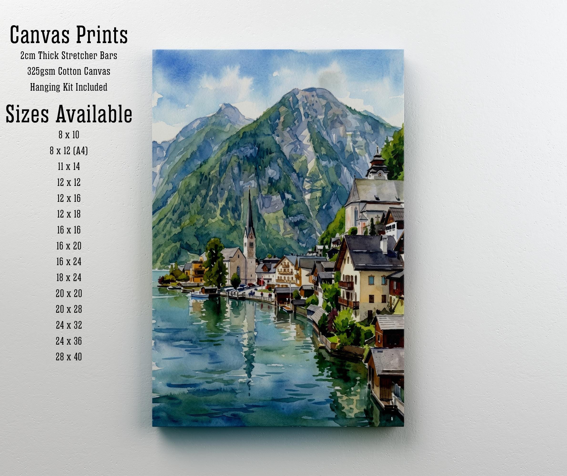 Hallstatt Village Austria Watercolor Painting Poster Alpine Lake Landscape Print Gift for Europe Travel Lovers and Scenic Decor Fans