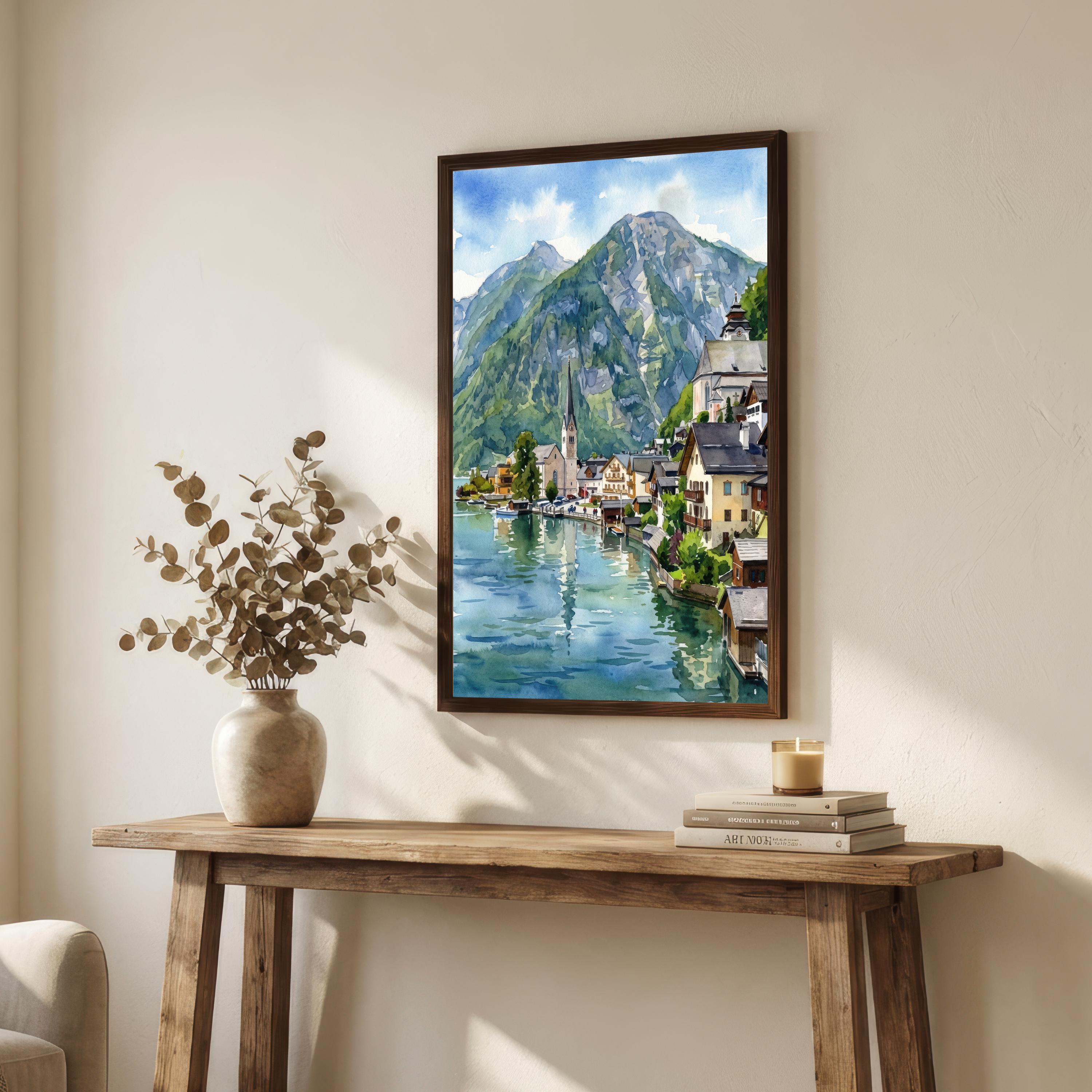 Hallstatt Village Austria Watercolor Painting Poster Alpine Lake Landscape Print Gift for Europe Travel Lovers and Scenic Decor Fans
