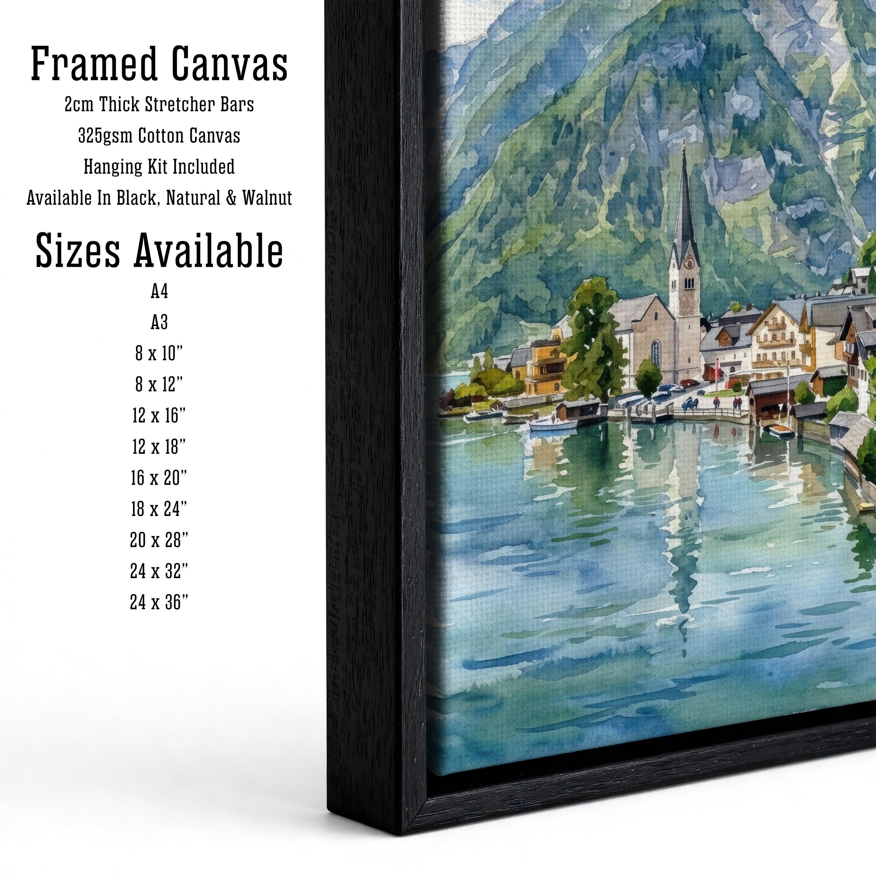 Hallstatt Village Austria Watercolor Painting Poster Alpine Lake Landscape Print Gift for Europe Travel Lovers and Scenic Decor Fans