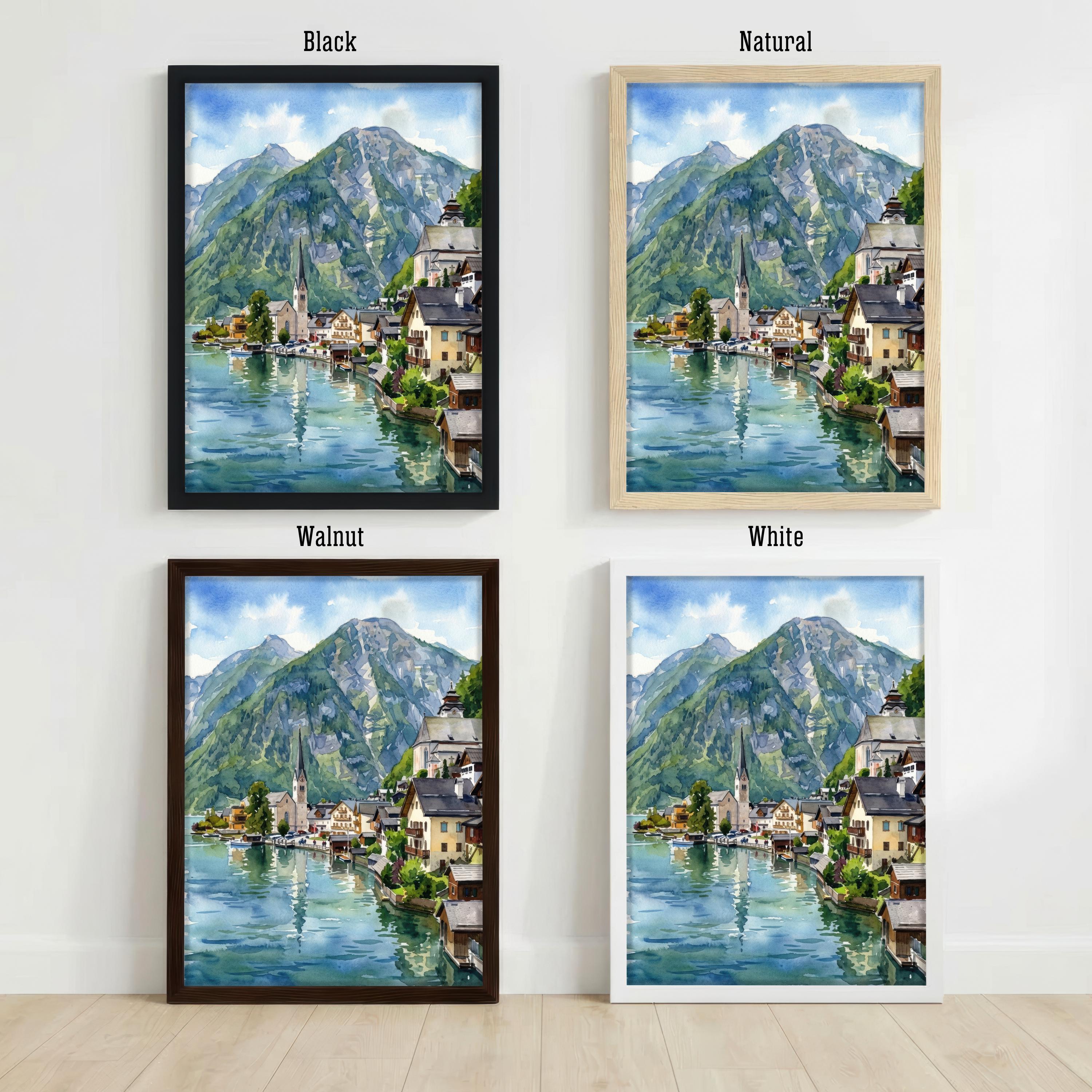 Hallstatt Village Austria Watercolor Painting Poster Alpine Lake Landscape Print Gift for Europe Travel Lovers and Scenic Decor Fans