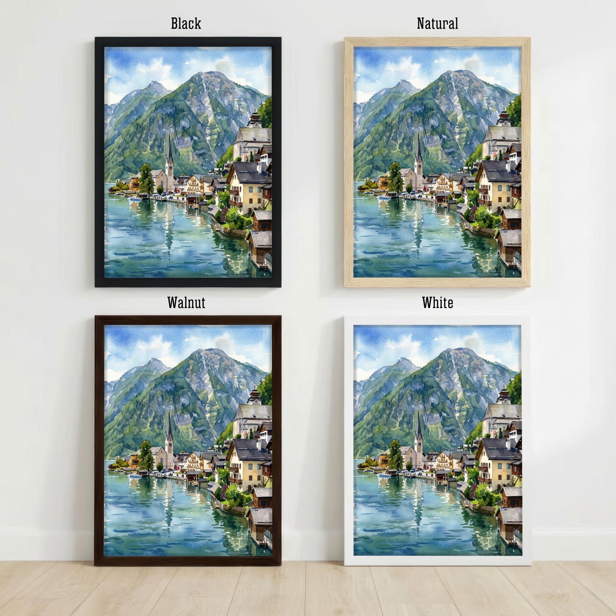 Hallstatt Village Austria Watercolor Painting Poster Alpine Lake Landscape Print Gift for Europe Travel Lovers and Scenic Decor Fans