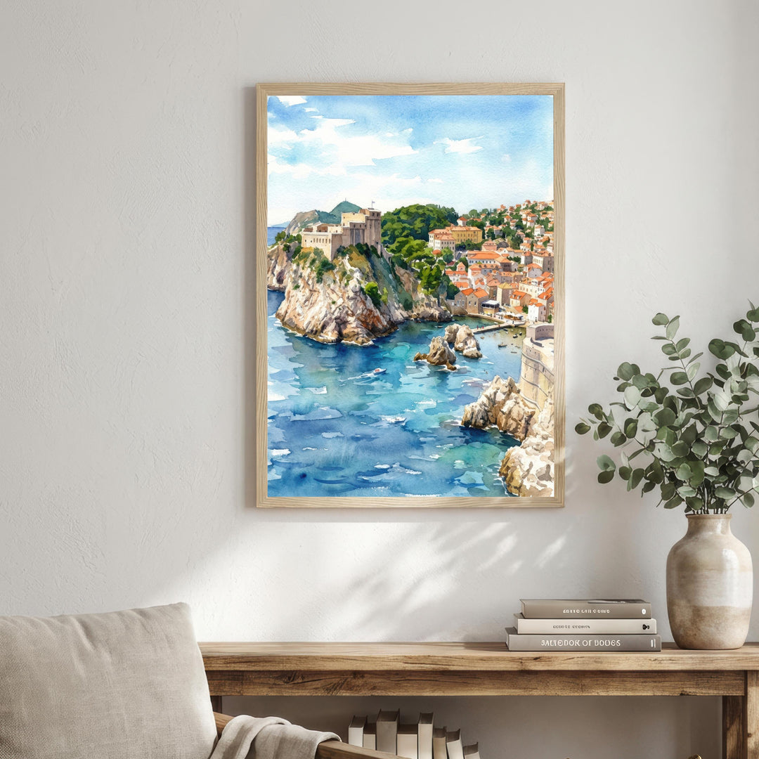 Dubrovnik Croatia Watercolour Painting Poster Coastal City Landscape Print Gift for Europe Travel Lovers and Fans of Scenic Adriatic Decor