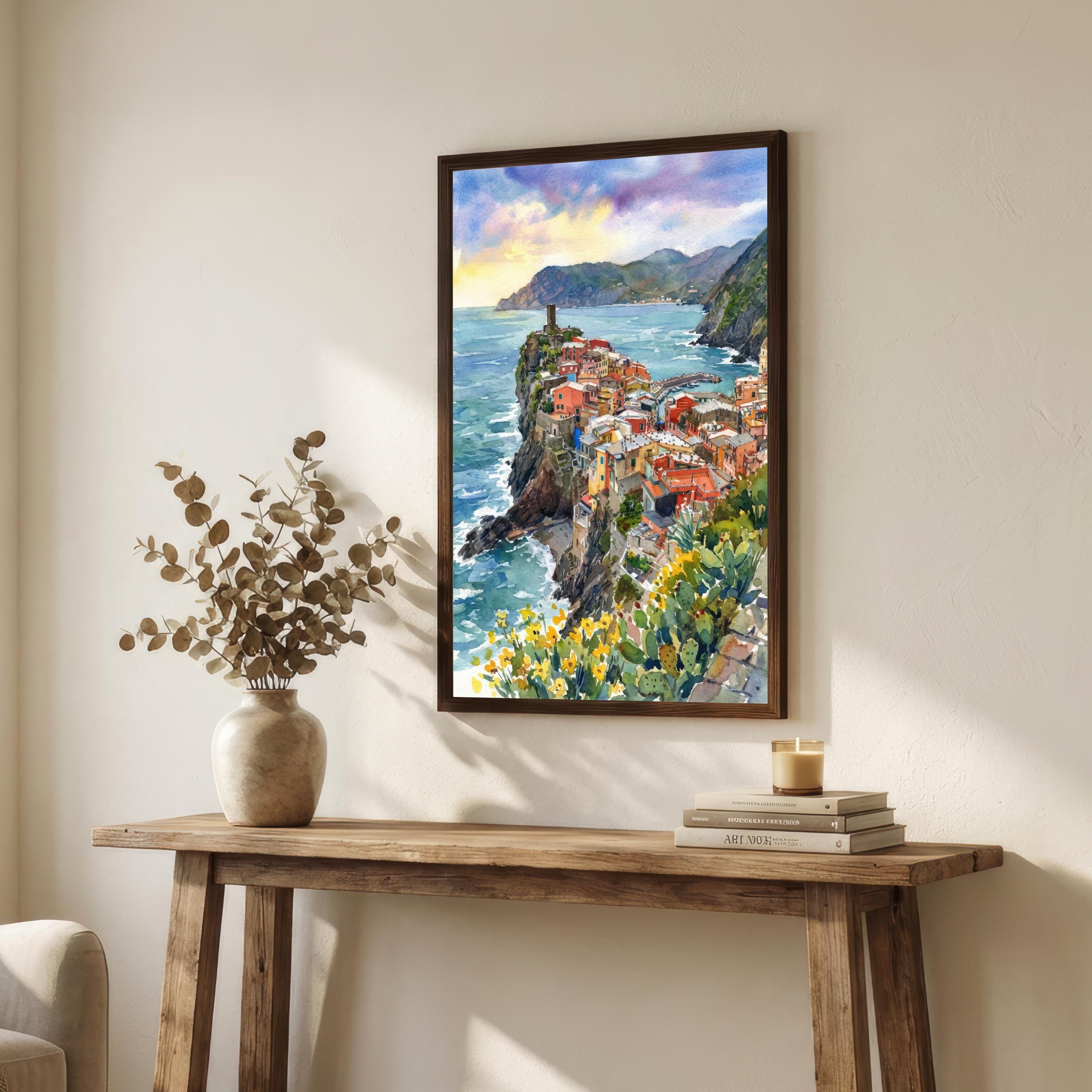 Cinque Terre Watercolour Painting Poster, Italy Coastal Village Landscape Print, Scenic Decor