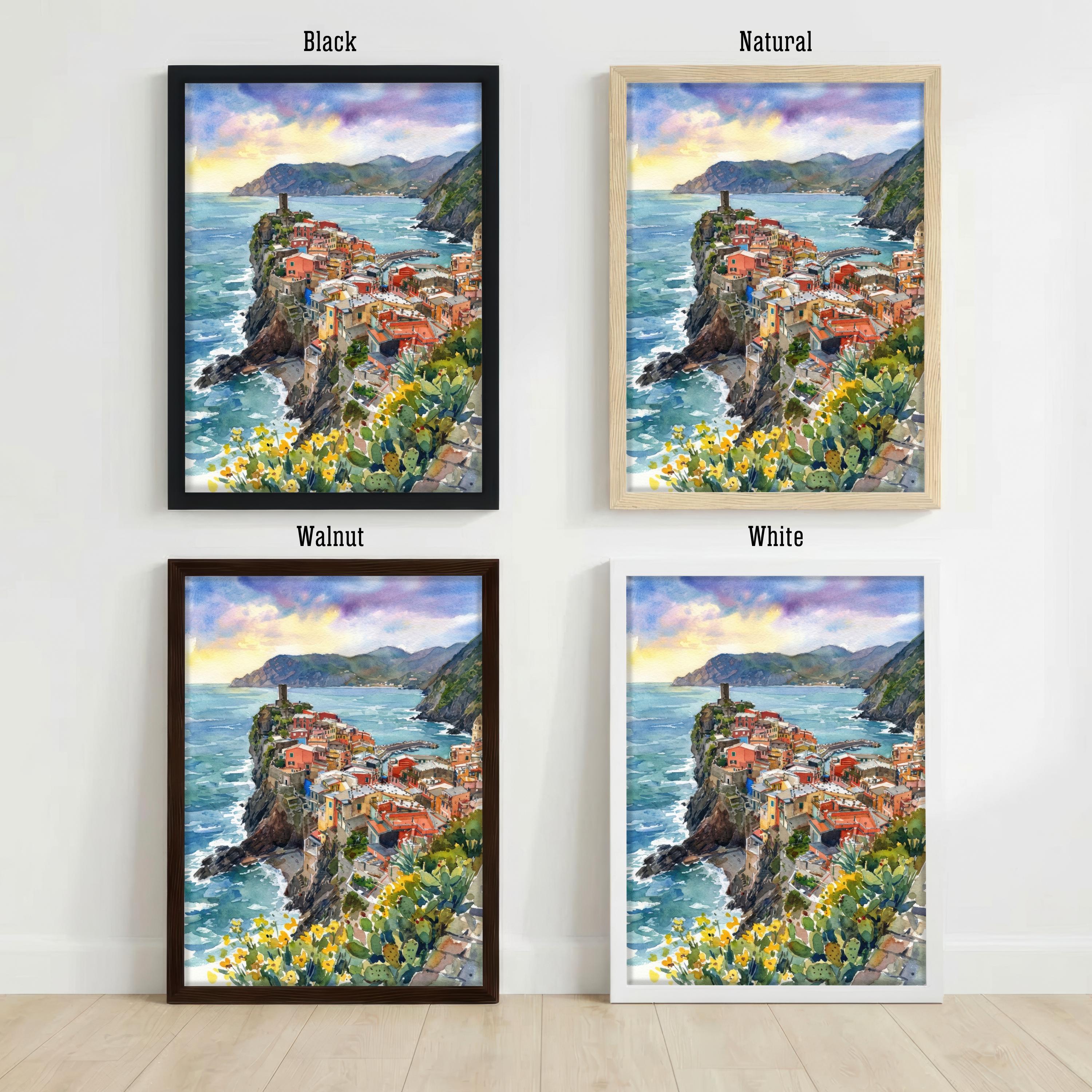 Cinque Terre Watercolour Painting Poster, Italy Coastal Village Landscape Print, Scenic Decor