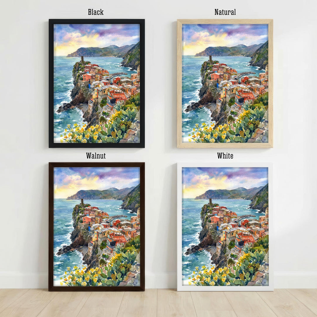Cinque Terre Watercolour Painting Poster Italy Wall Art Coastal Village Landscape Print Gift for Europe Travel Lovers and Scenic Decor Fans