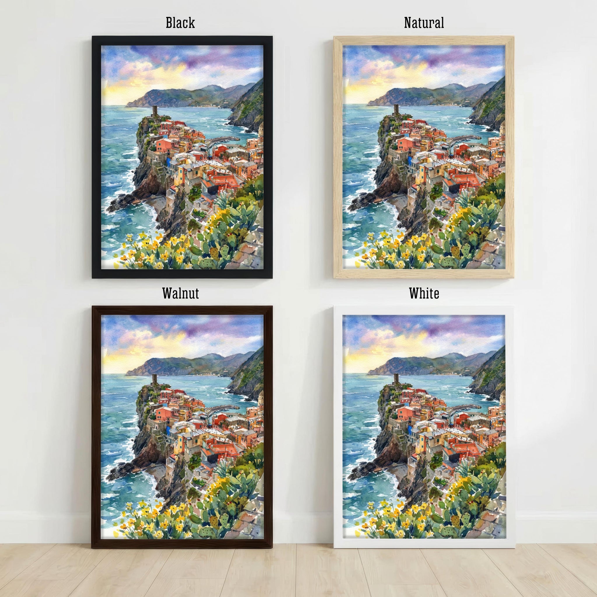 Cinque Terre Watercolour Painting Poster, Italy Coastal Village Landscape Print, Scenic Decor