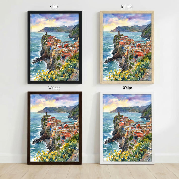 Cinque Terre Watercolour Painting Poster Italy Wall Art Coastal Village Landscape Print Gift for Europe Travel Lovers and Scenic Decor Fans
