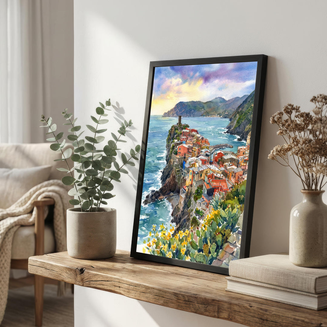 Cinque Terre Watercolour Painting Poster Italy Wall Art Coastal Village Landscape Print Gift for Europe Travel Lovers and Scenic Decor Fans