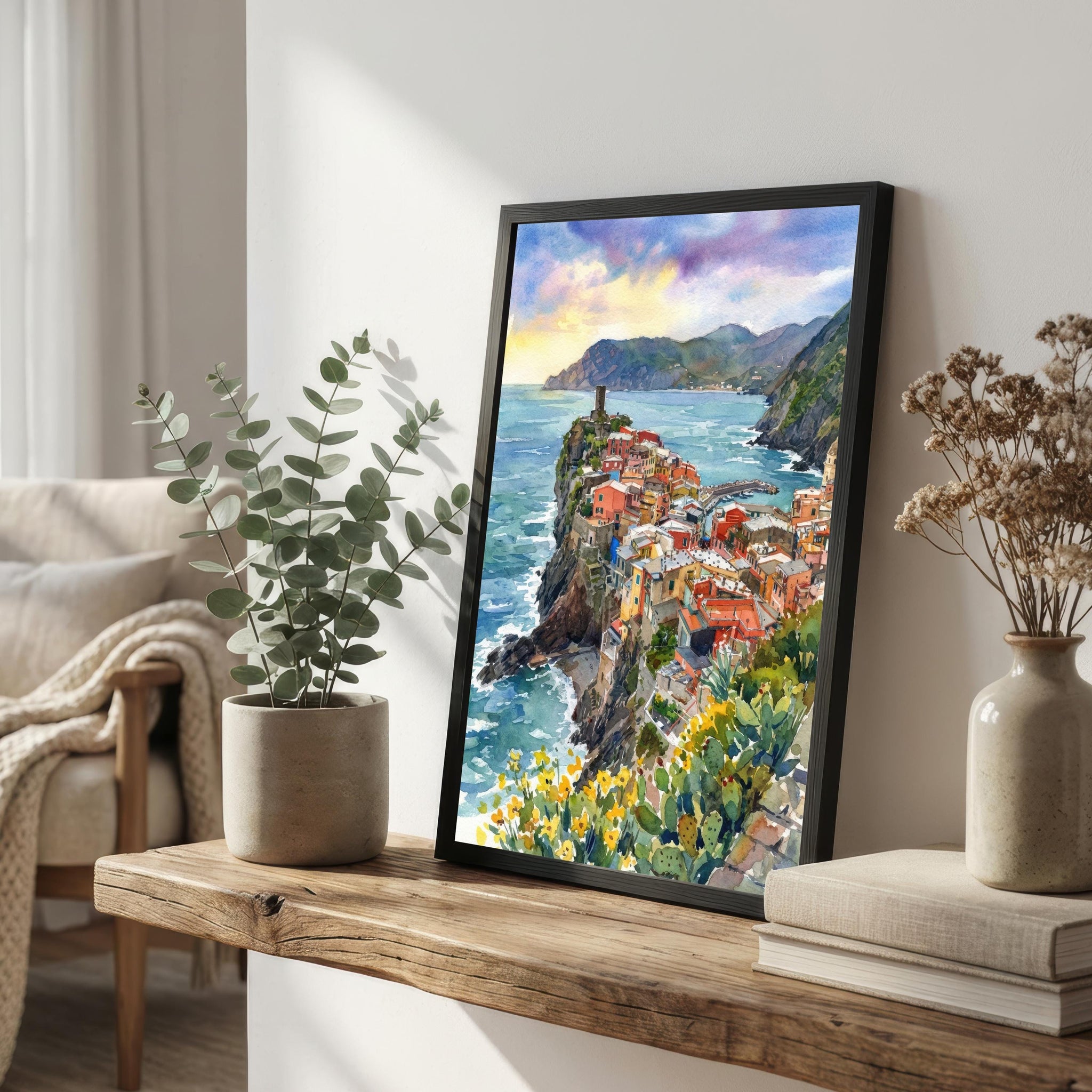Cinque Terre Watercolour Painting Poster, Italy Coastal Village Landscape Print, Scenic Decor