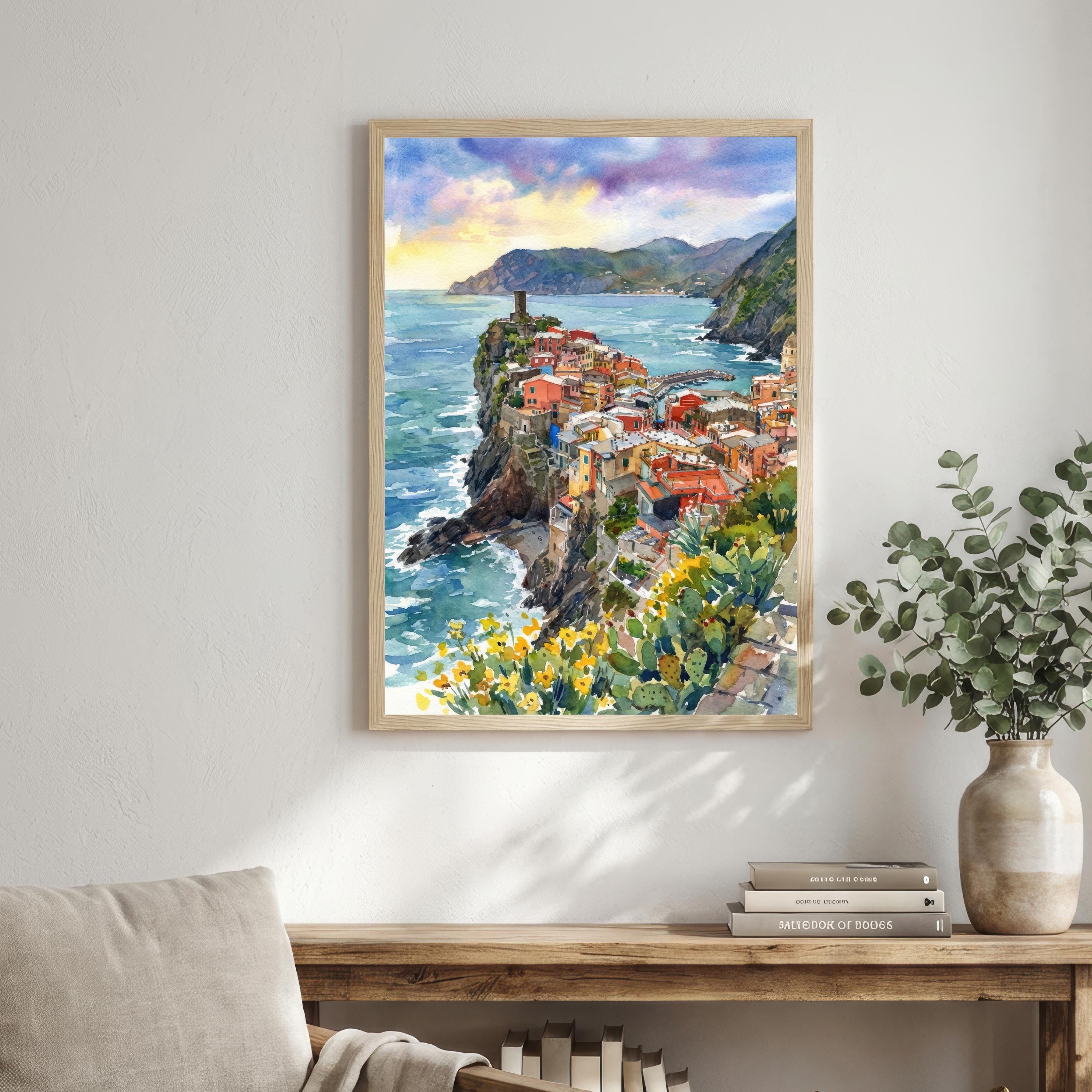 Cinque Terre Watercolour Painting Poster, Italy Coastal Village Landscape Print, Scenic Decor