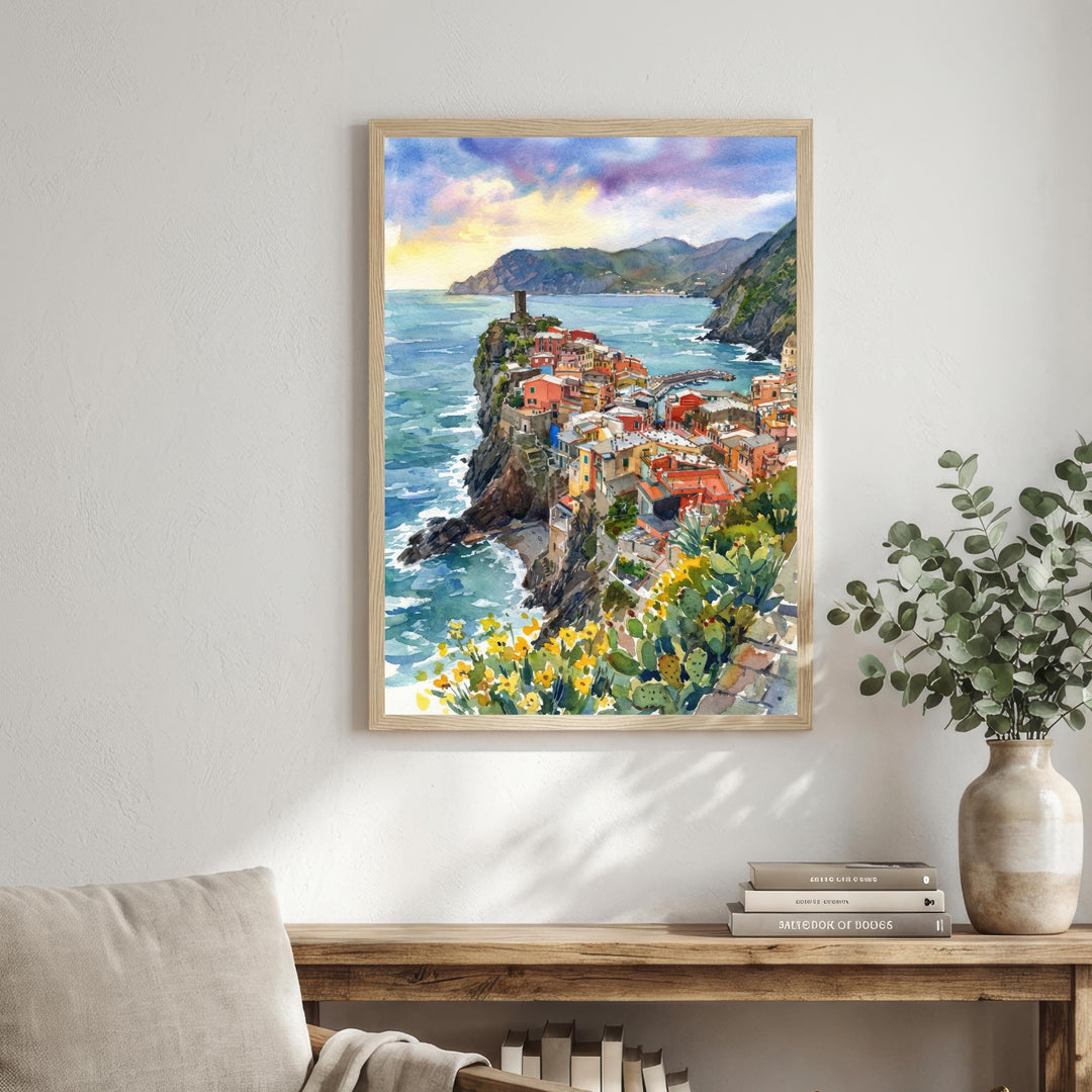 Cinque Terre Watercolour Painting Poster Italy Wall Art Coastal Village Landscape Print Gift for Europe Travel Lovers and Scenic Decor Fans