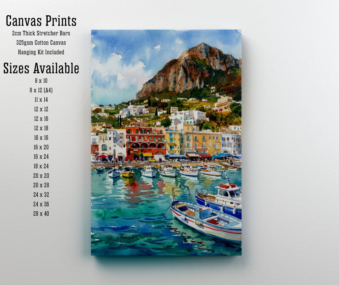 Capri Italy Watercolour Painting Poster Coastal Island Landscape Print Gift for Europe Travel Lovers and Fans of Scenic Mediterranean Decor