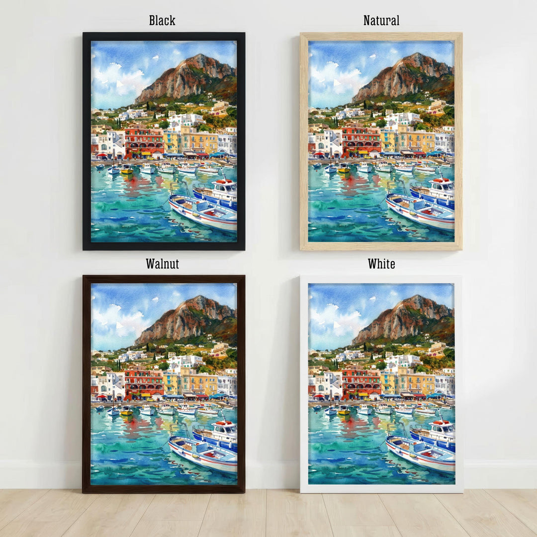 Capri Italy Watercolour Painting Poster Coastal Island Landscape Print Gift for Europe Travel Lovers and Fans of Scenic Mediterranean Decor