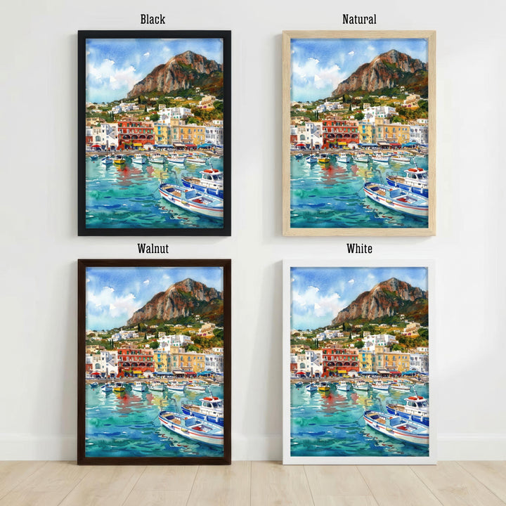 Capri Italy Watercolour Painting Poster Coastal Island Landscape Print Gift for Europe Travel Lovers and Fans of Scenic Mediterranean Decor