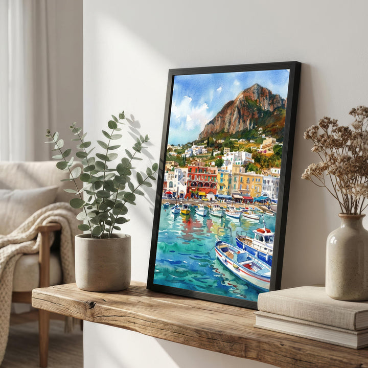 Capri Italy Watercolour Painting Poster Coastal Island Landscape Print Gift for Europe Travel Lovers and Fans of Scenic Mediterranean Decor