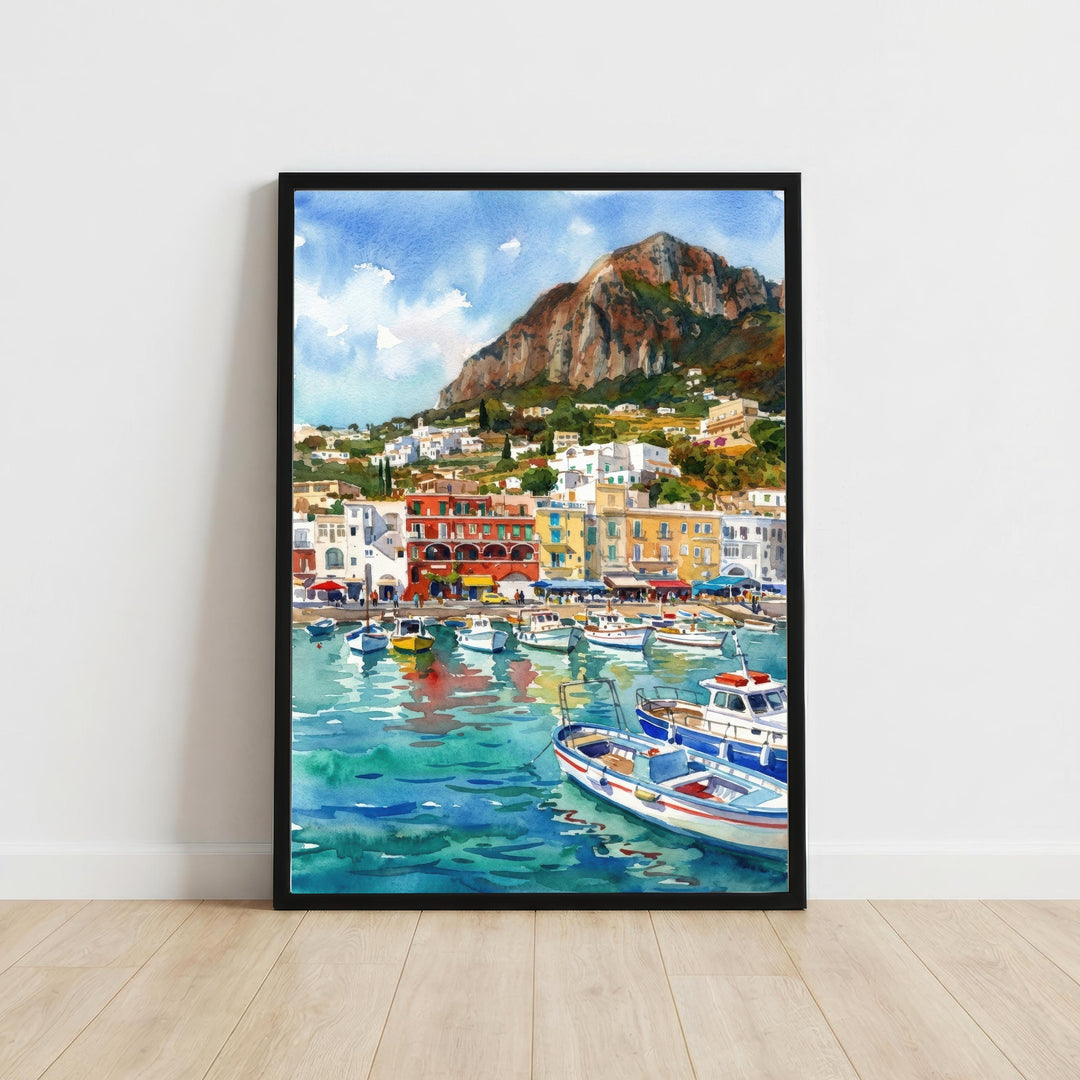 Capri Italy Watercolour Painting Poster Coastal Island Landscape Print Gift for Europe Travel Lovers and Fans of Scenic Mediterranean Decor