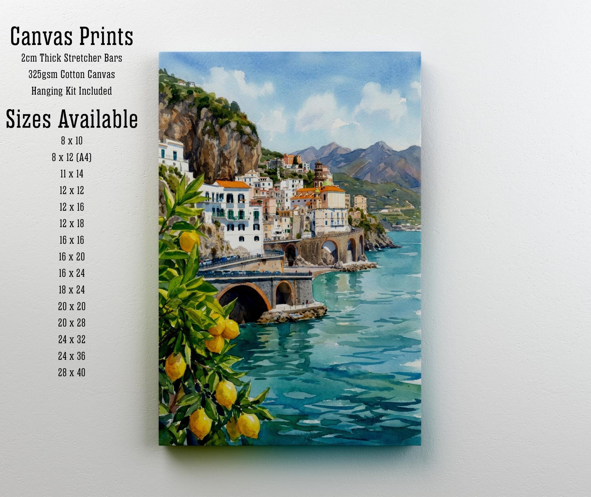 Amalfi Coast Watercolor Painting Poster Italy Wall Art Coastal Landscape Village Print Gift for Europe Travel Lovers and Scenic Decor Fans