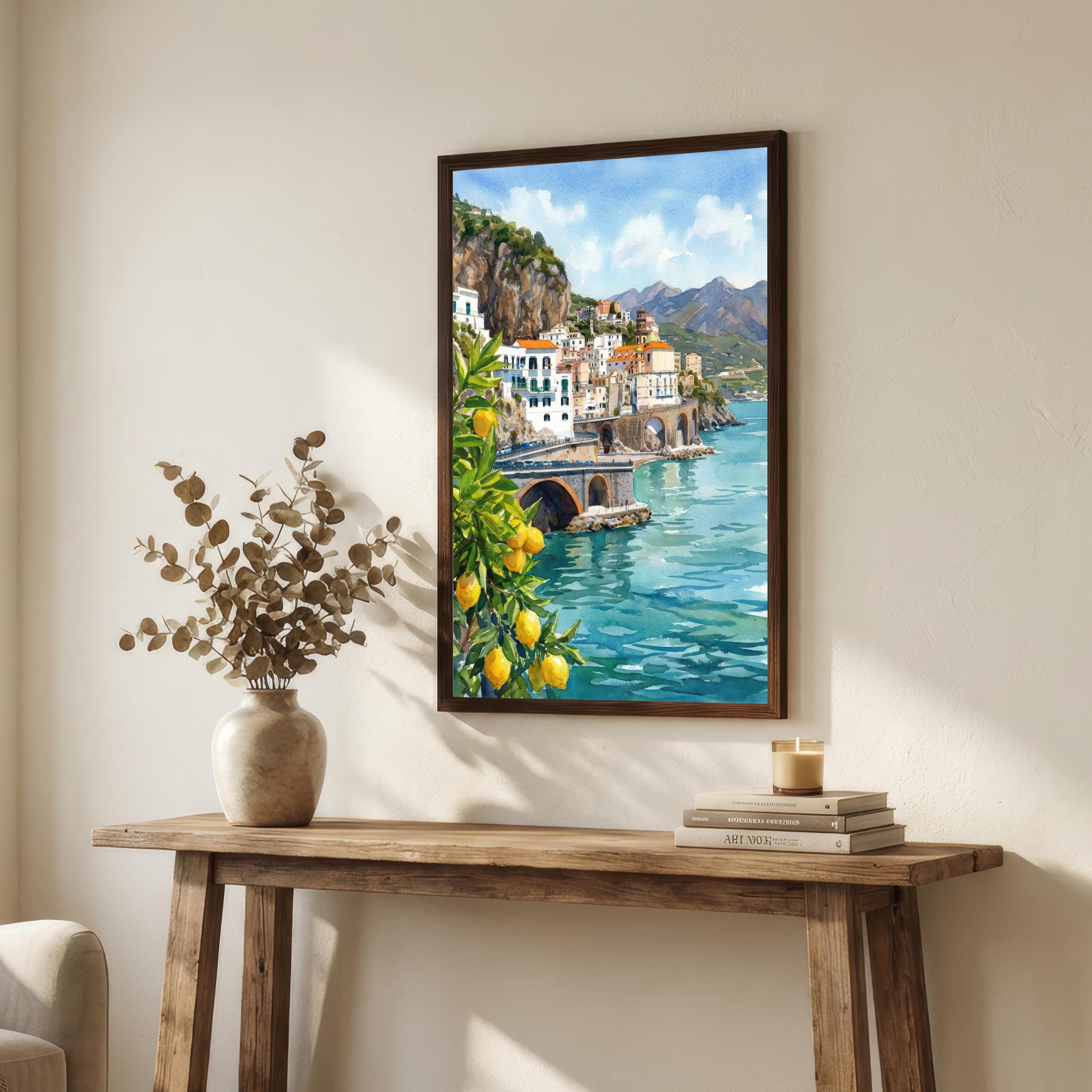 Amalfi Coast Watercolor Painting Poster Italy Wall Art Coastal Landscape Village Print Gift for Europe Travel Lovers and Scenic Decor Fans