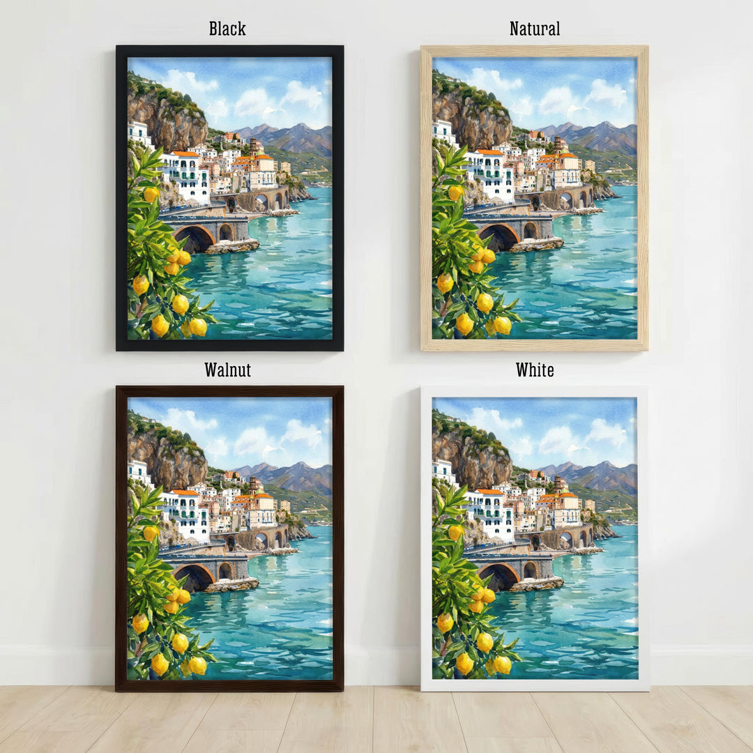 Amalfi Coast Watercolor Painting Poster Italy Wall Art Coastal Landscape Village Print Gift for Europe Travel Lovers and Scenic Decor Fans