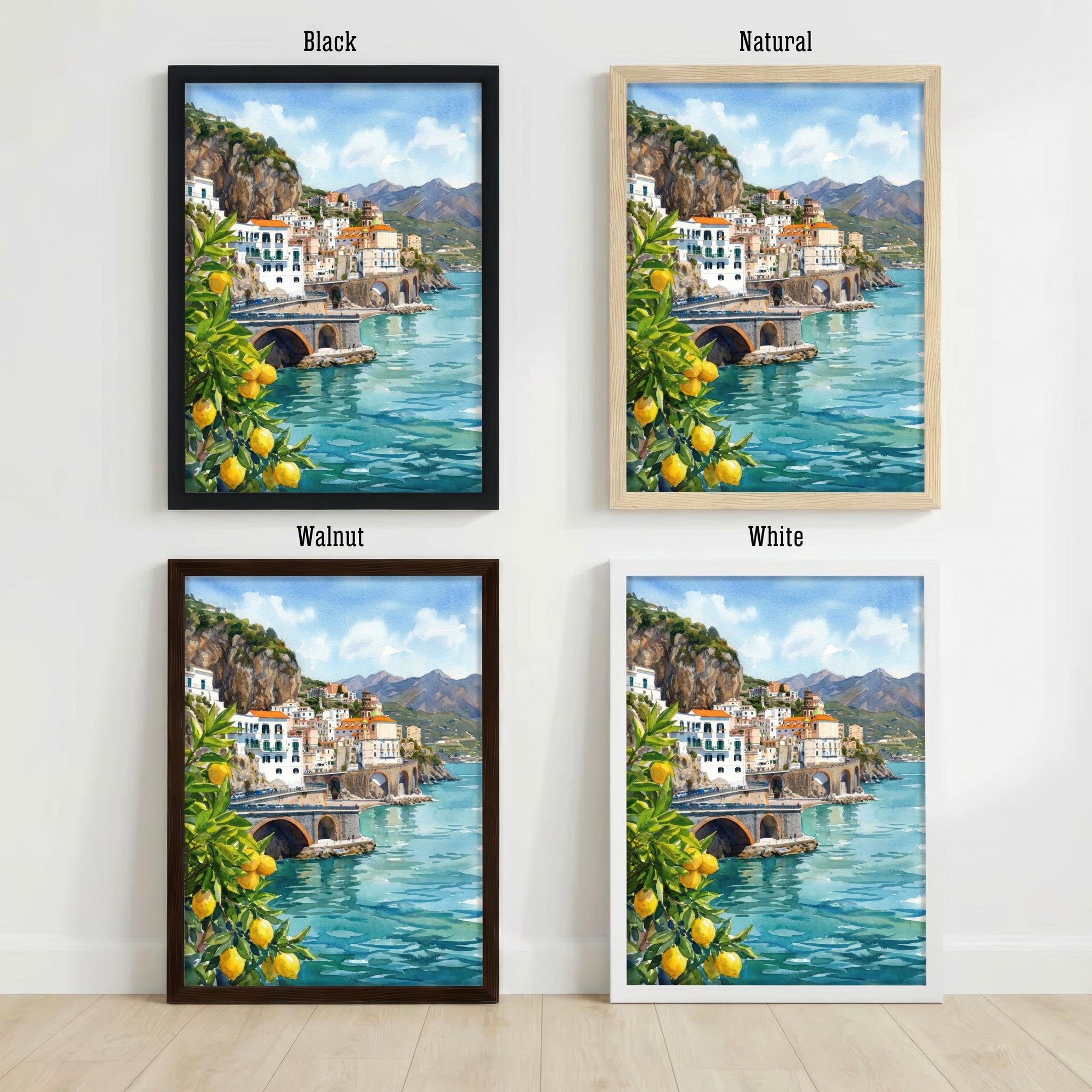 Amalfi Coast Watercolor Painting Poster Italy Wall Art Coastal Landscape Village Print Gift for Europe Travel Lovers and Scenic Decor Fans