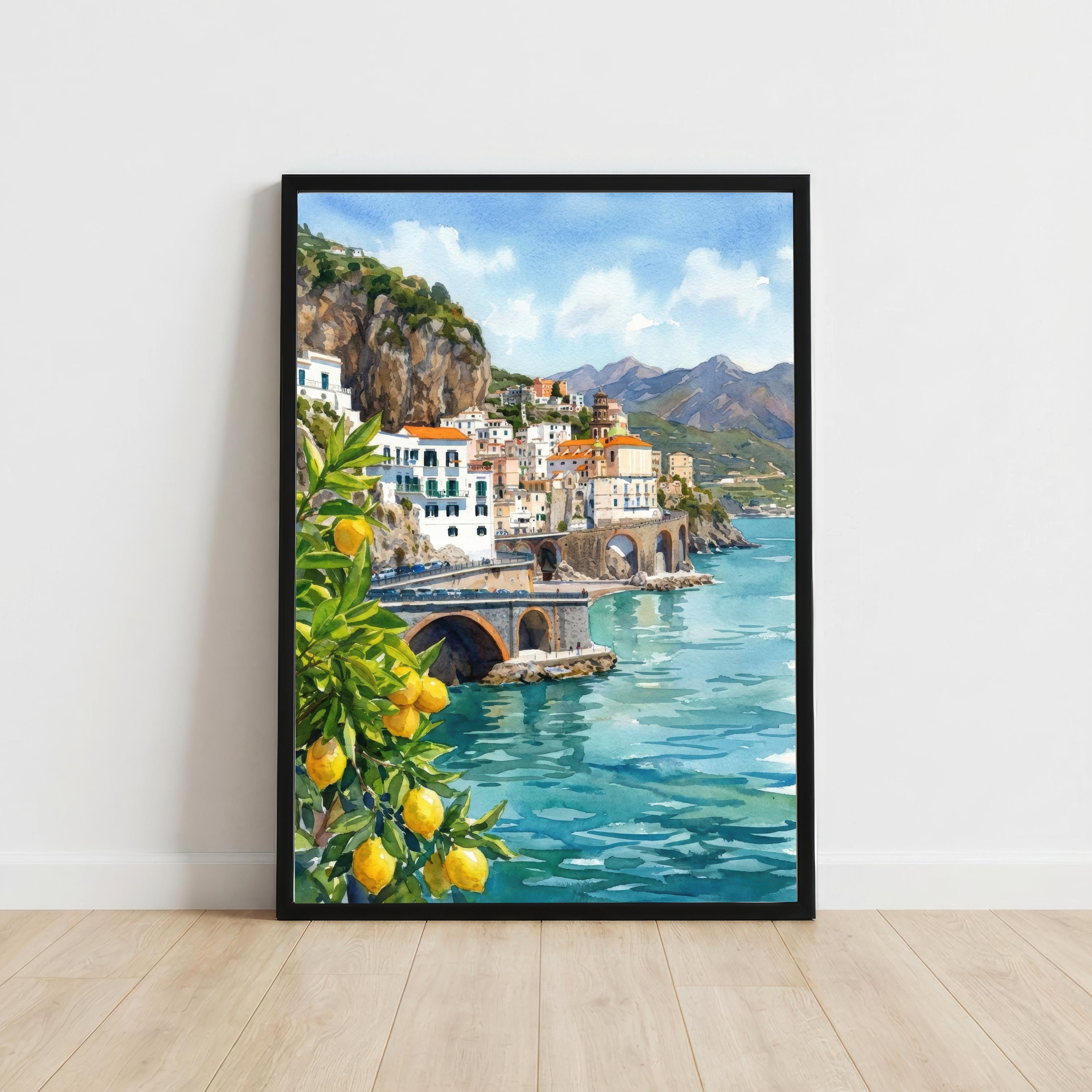 Amalfi Coast Watercolor Painting Poster Italy Wall Art Coastal Landscape Village Print Gift for Europe Travel Lovers and Scenic Decor Fans