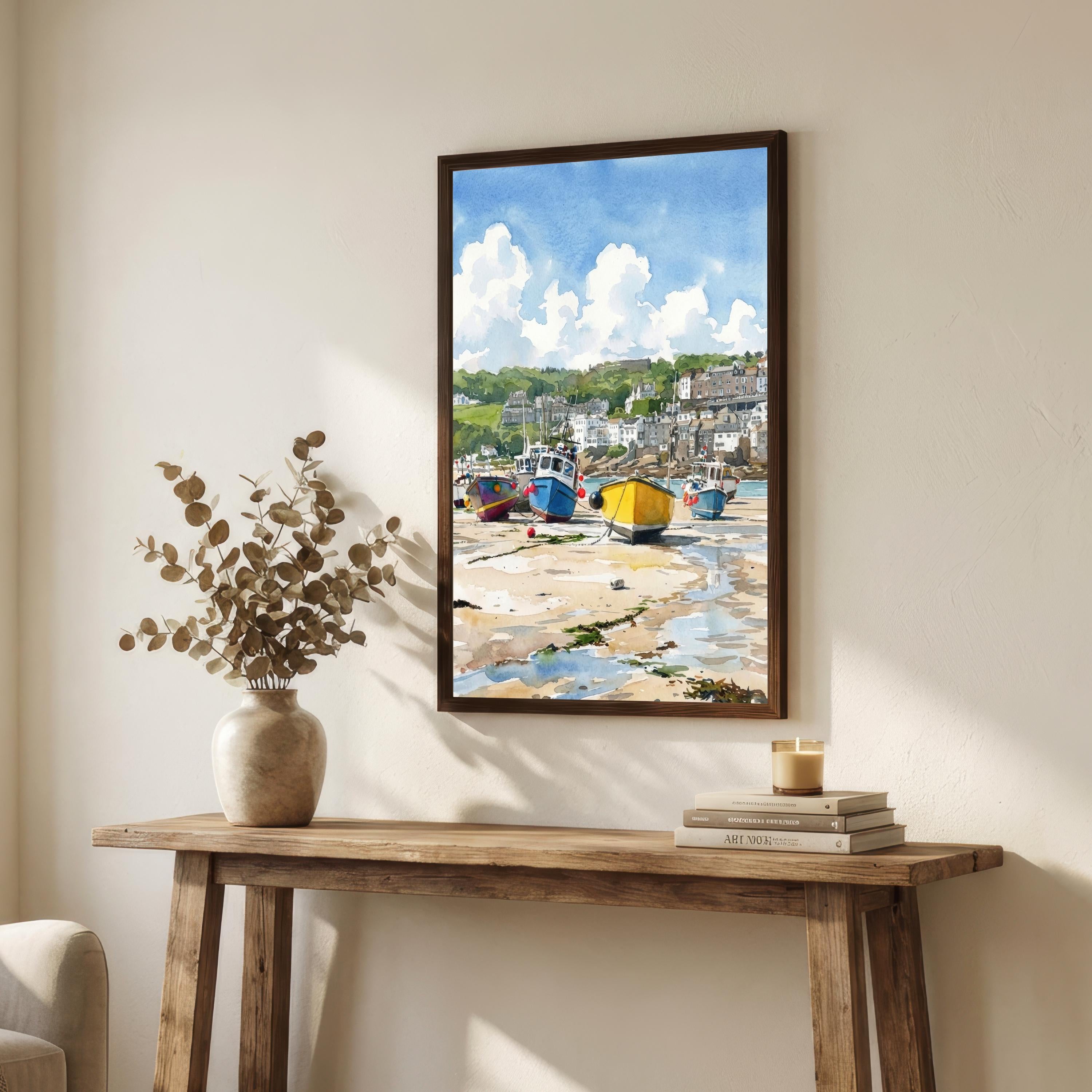 St Ives Harbour Cornwall Watercolour Painting Poster England Wall Art Coastal Village Landscape Print Gift for UK Travel Lovers and Scenic