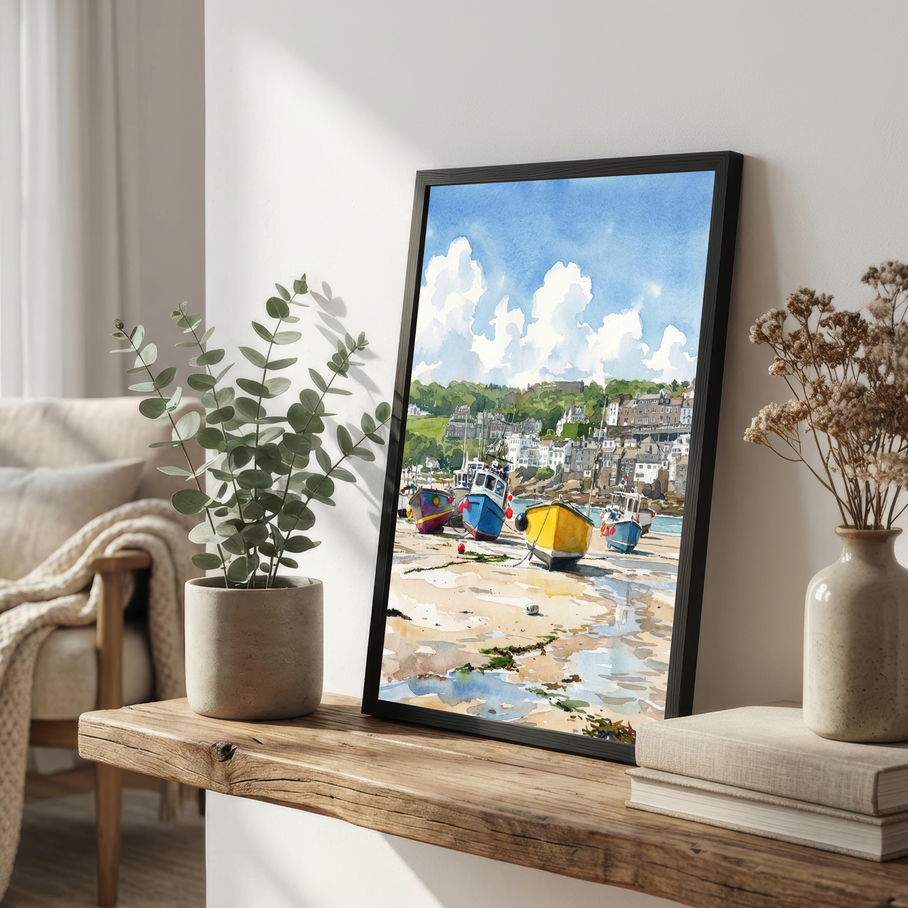 St Ives Harbour Cornwall Watercolour Painting Poster England Wall Art Coastal Village Landscape Print Gift for UK Travel Lovers and Scenic