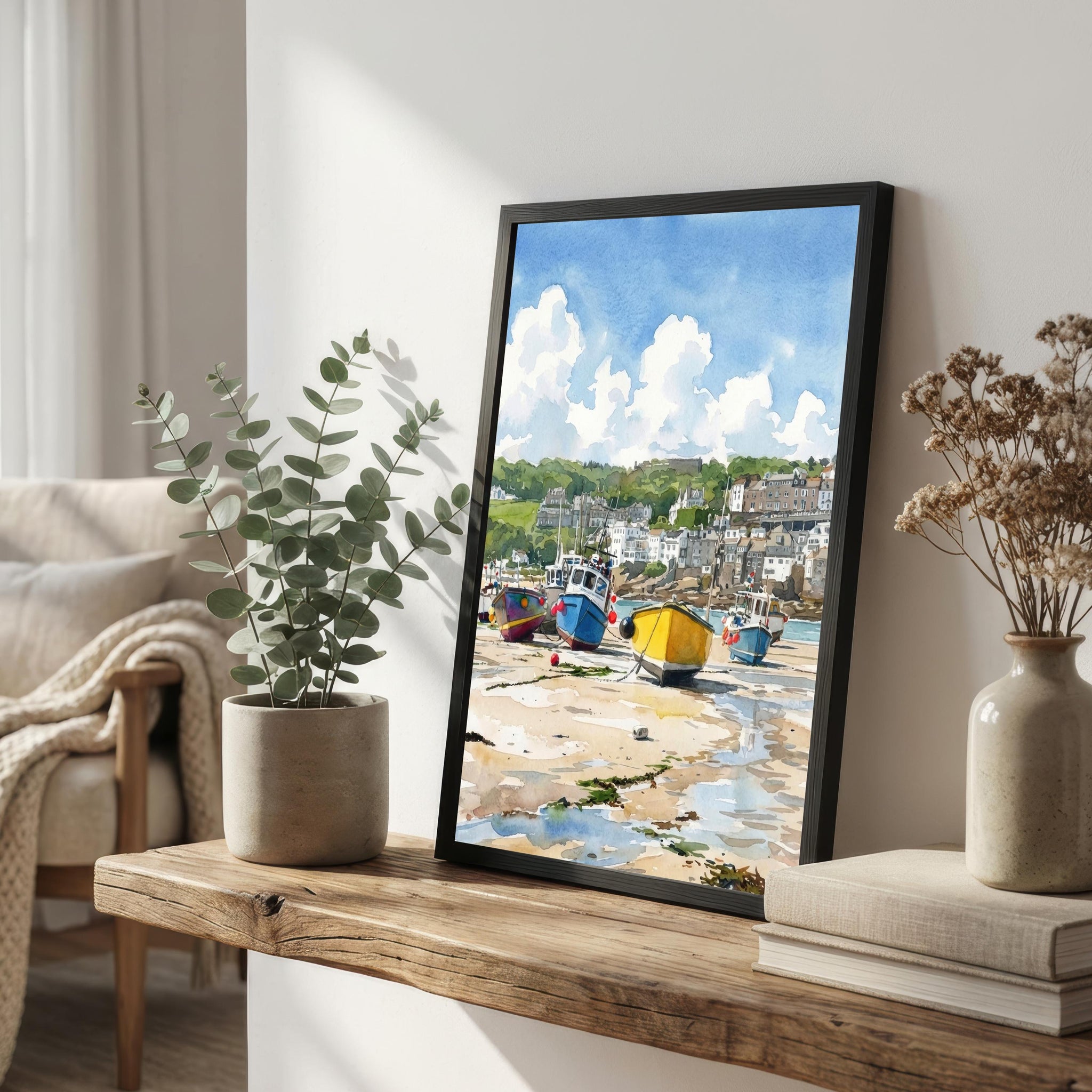 St Ives Harbour Cornwall Watercolour Painting Poster England Wall Art Coastal Village Landscape Print Gift for UK Travel Lovers and Scenic