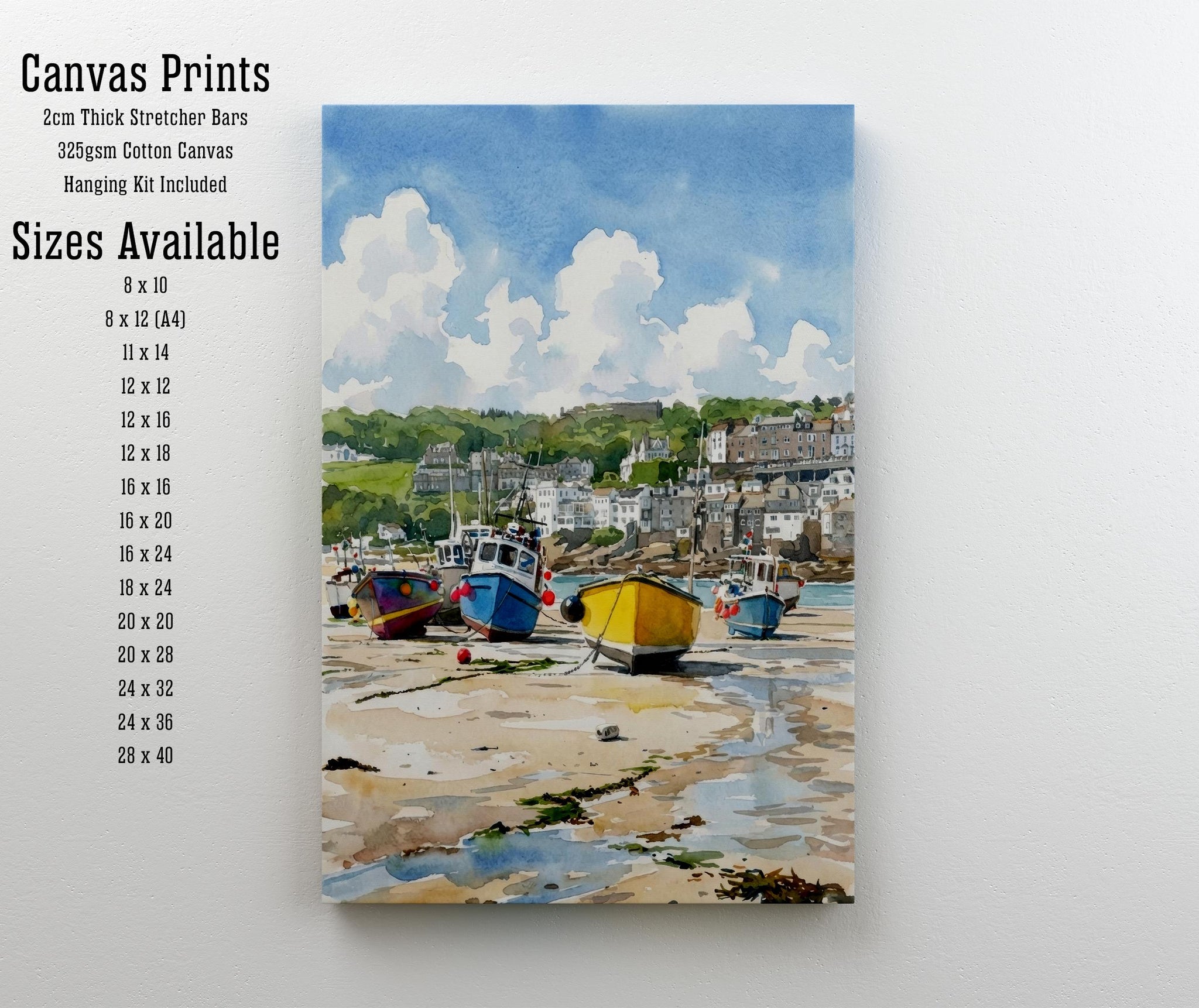 St Ives Harbour Cornwall Watercolour Painting Poster England Wall Art Coastal Village Landscape Print Gift for UK Travel Lovers and Scenic
