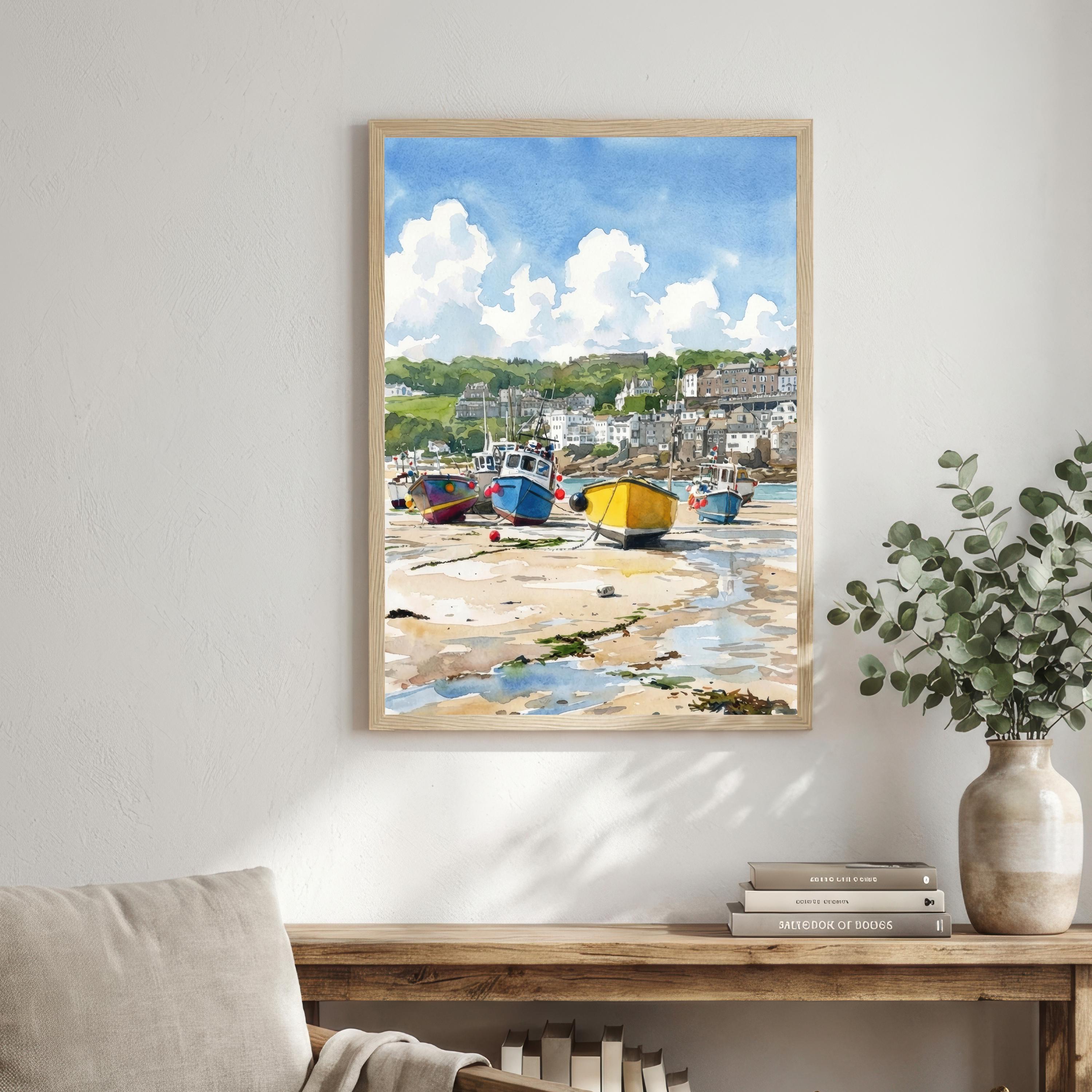 St Ives Harbour Cornwall Watercolour Painting Poster England Wall Art Coastal Village Landscape Print Gift for UK Travel Lovers and Scenic