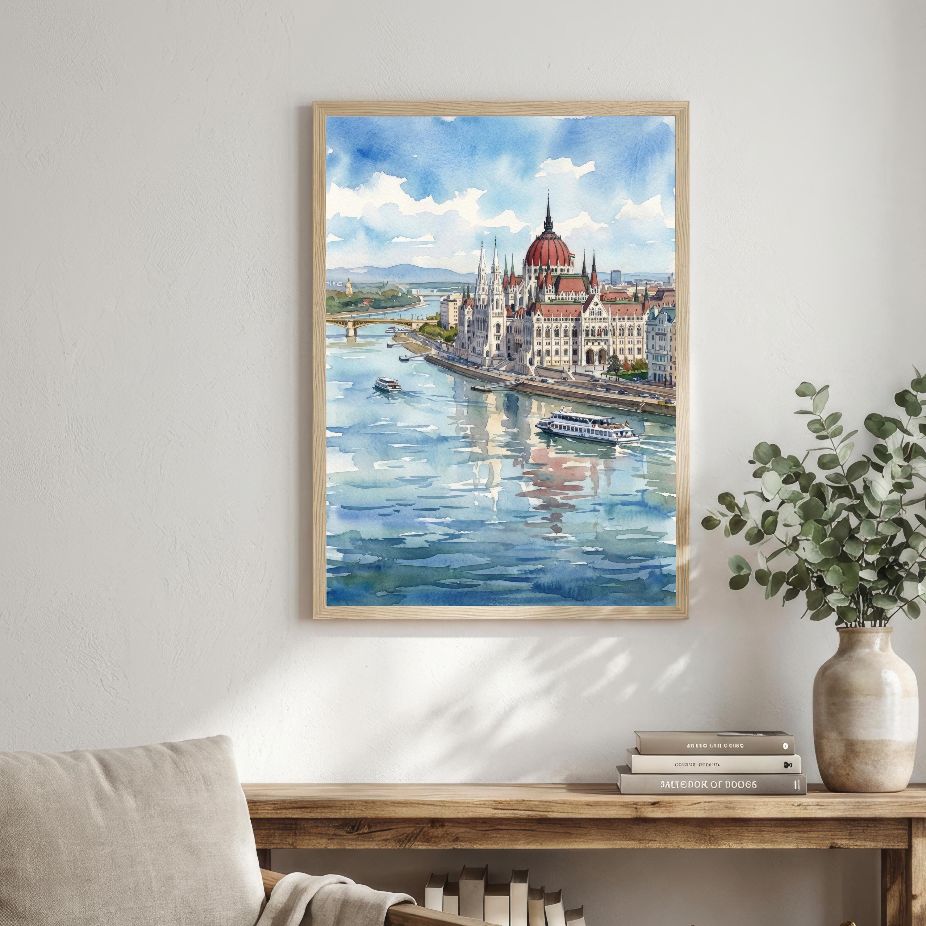 Budapest Watercolour Painting Poster, Hungary City Skyline Landscape Print