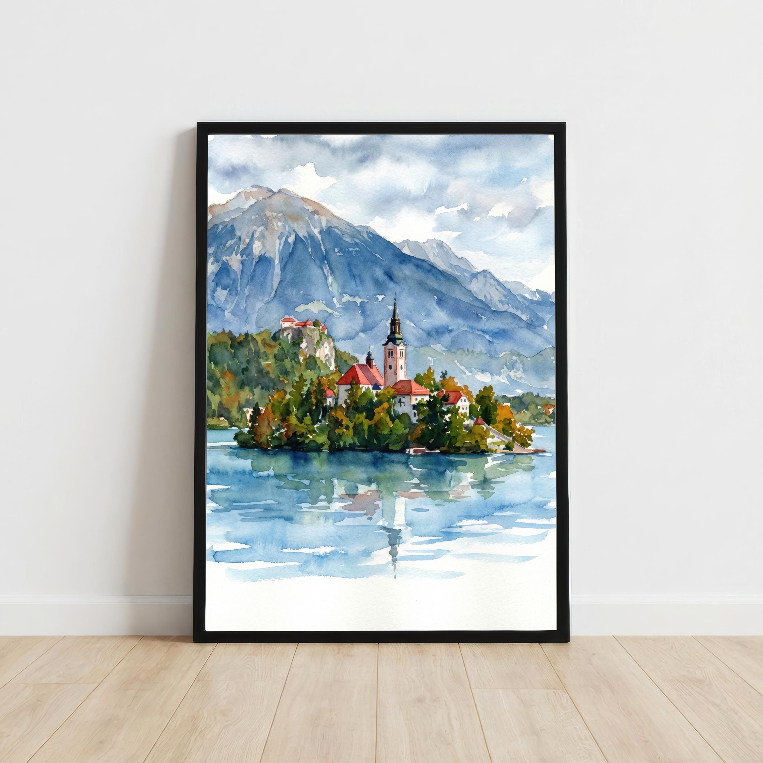 Lake Bled Island Watercolour Print, Slovenia Alpine Landscape Poster