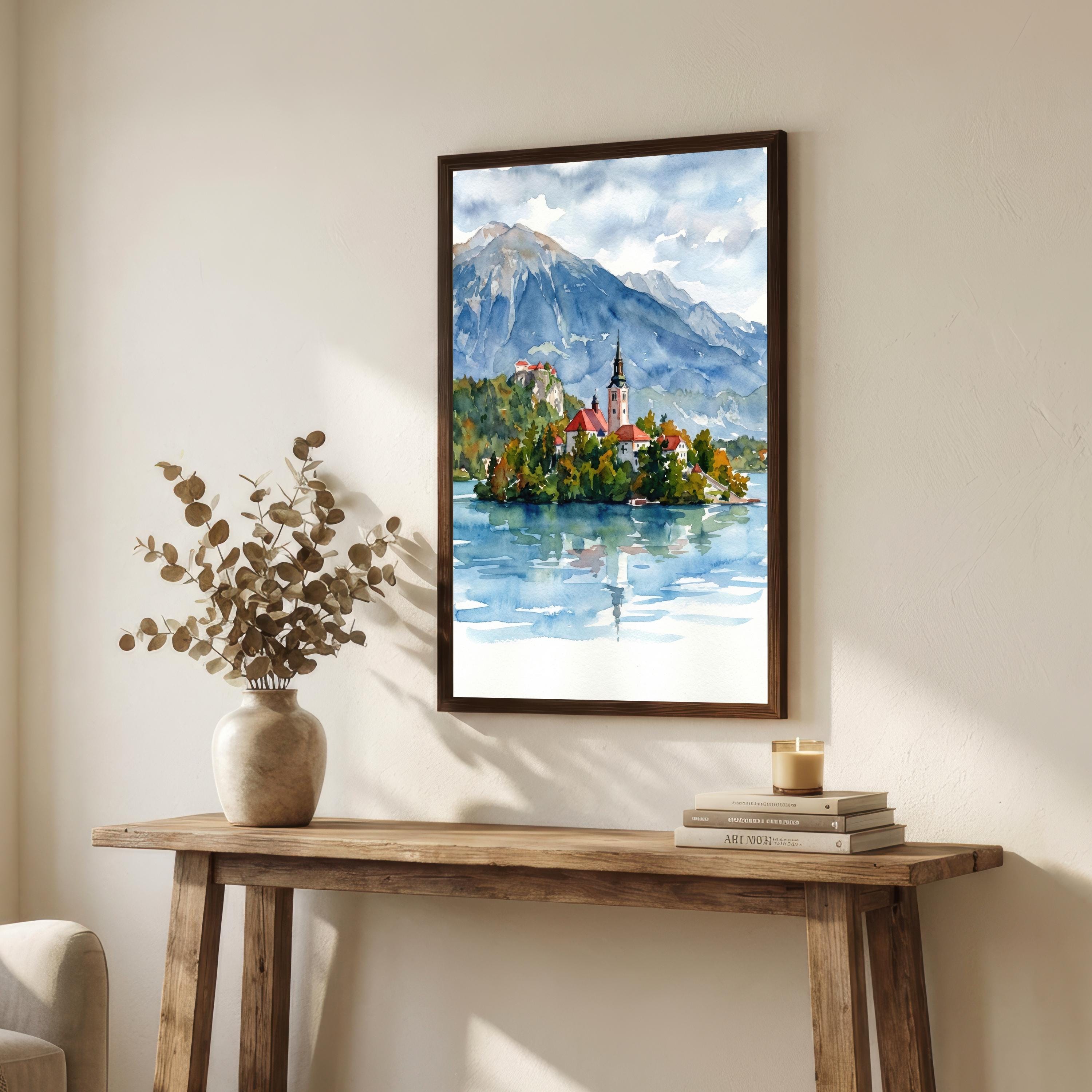 Lake Bled Island Watercolour Print, Slovenia Alpine Landscape Poster
