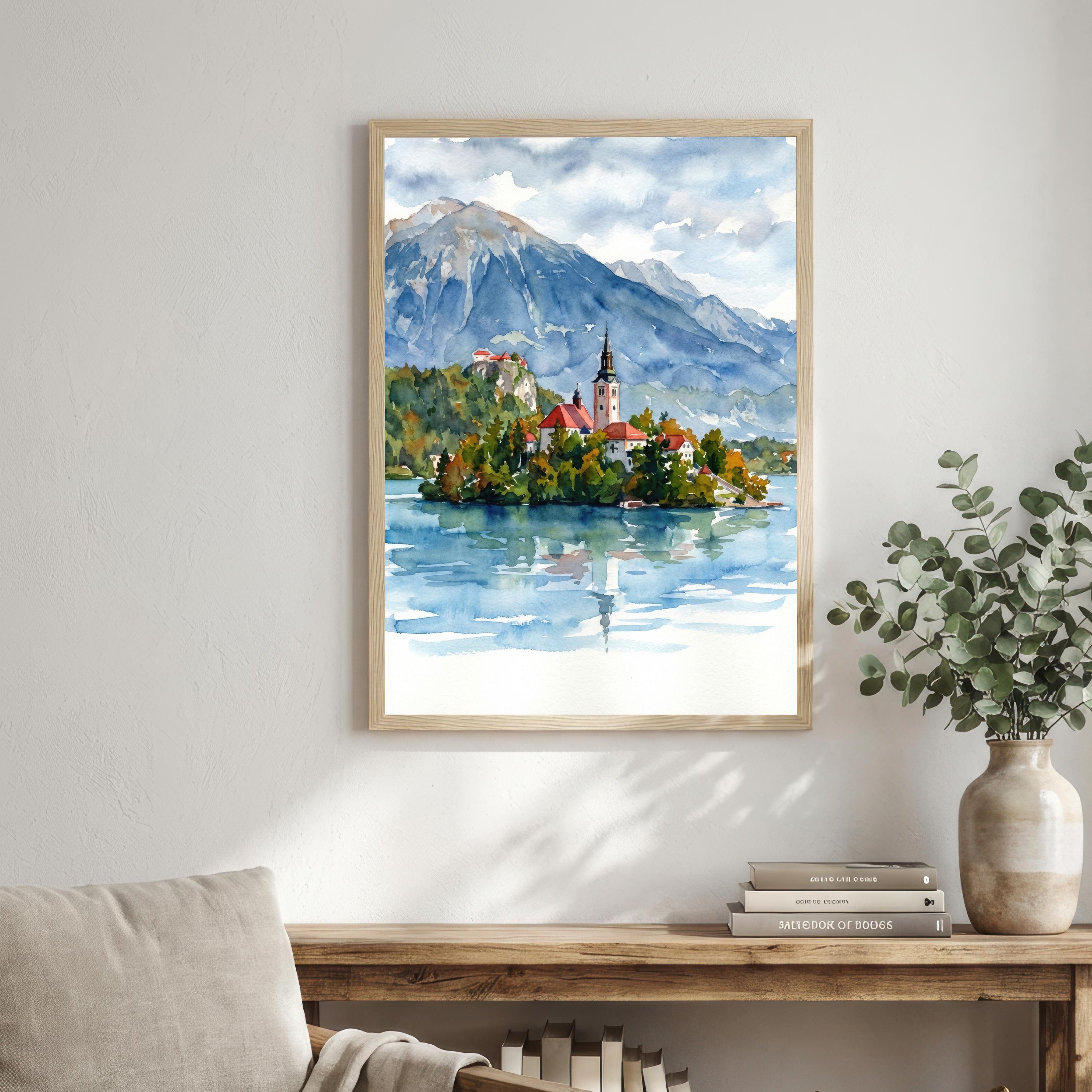 Lake Bled Island Watercolour Print, Slovenia Alpine Landscape Poster