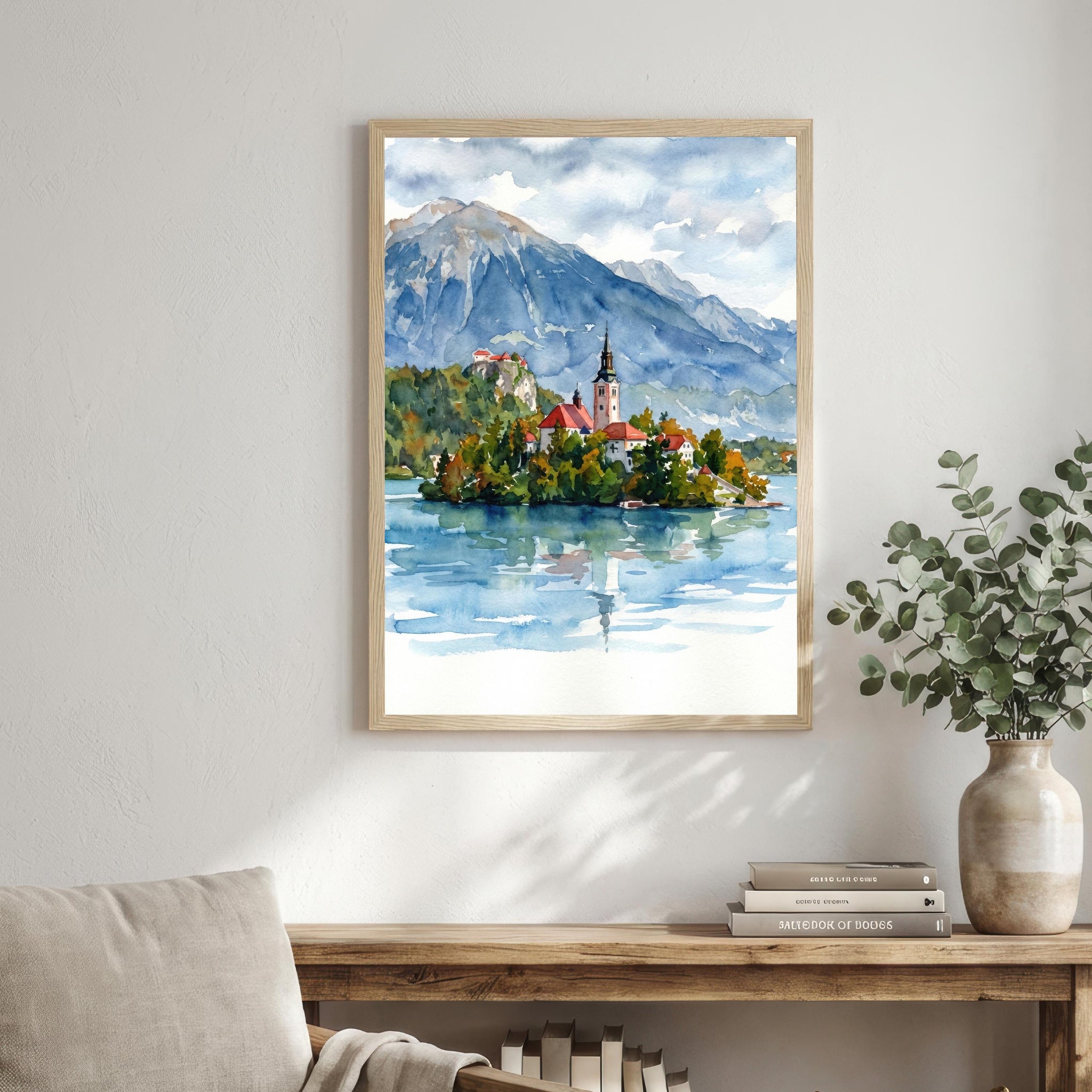 Lake Bled Island Watercolour Print, Slovenia Alpine Landscape Poster