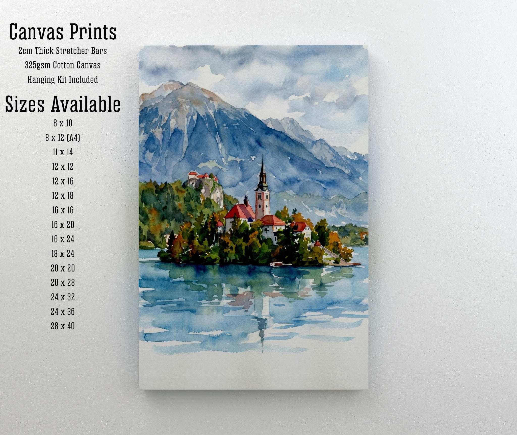 Lake Bled Island Watercolour Print, Slovenia Alpine Landscape Poster