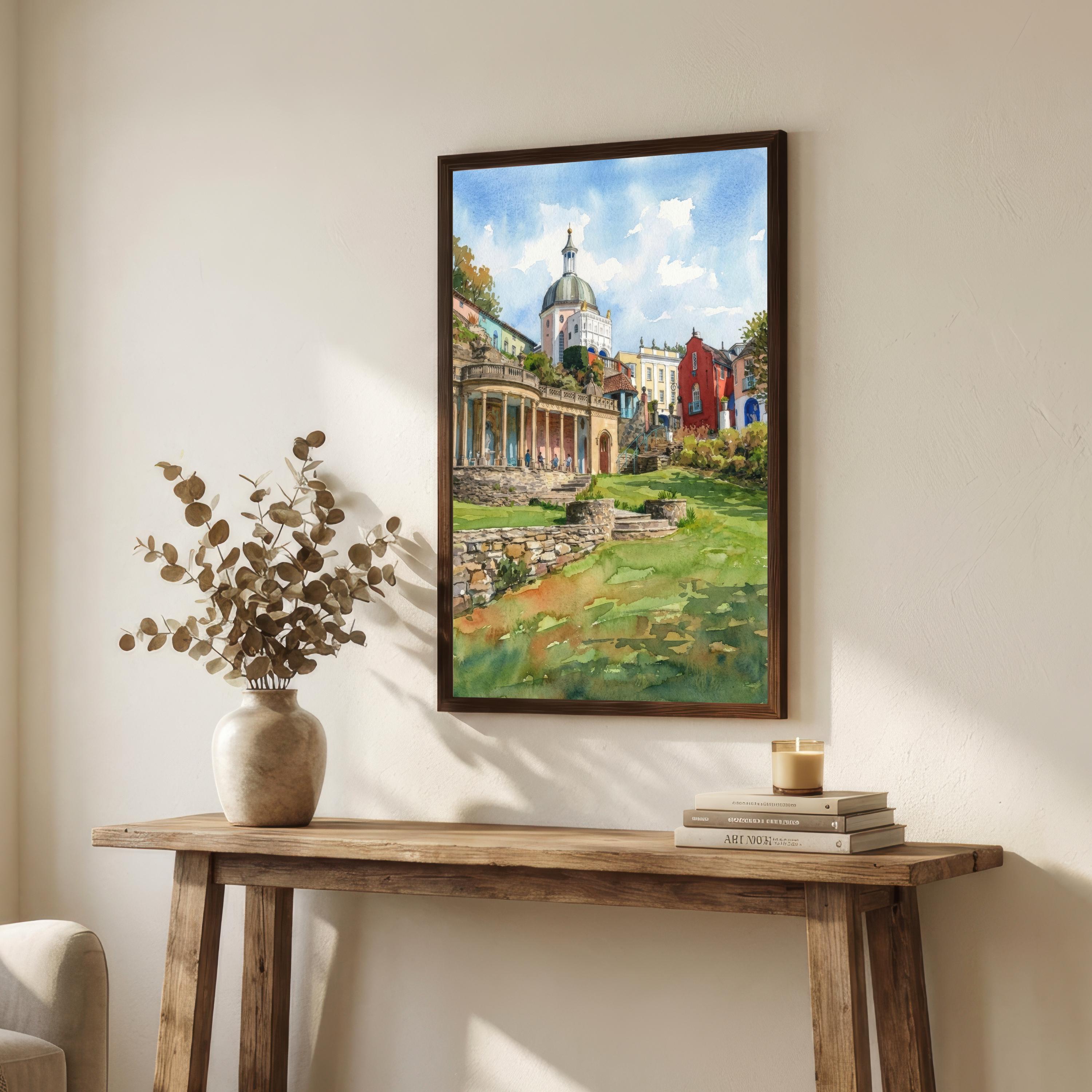 Portmeirion Village Wales Watercolour Print Coastal Landscape Wall Art UK Travel Decor