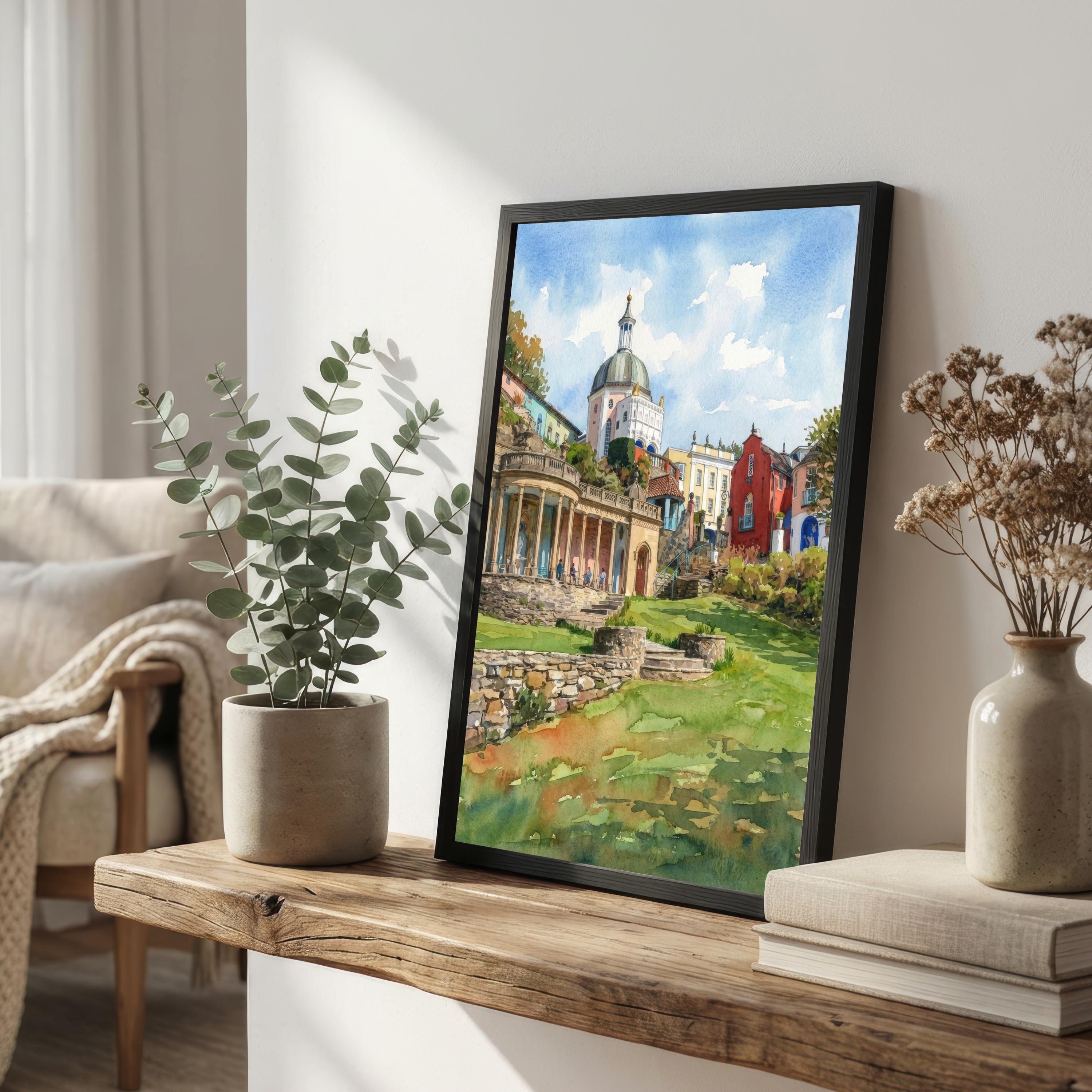 Portmeirion Village Wales Watercolour Print Coastal Landscape Wall Art UK Travel Decor