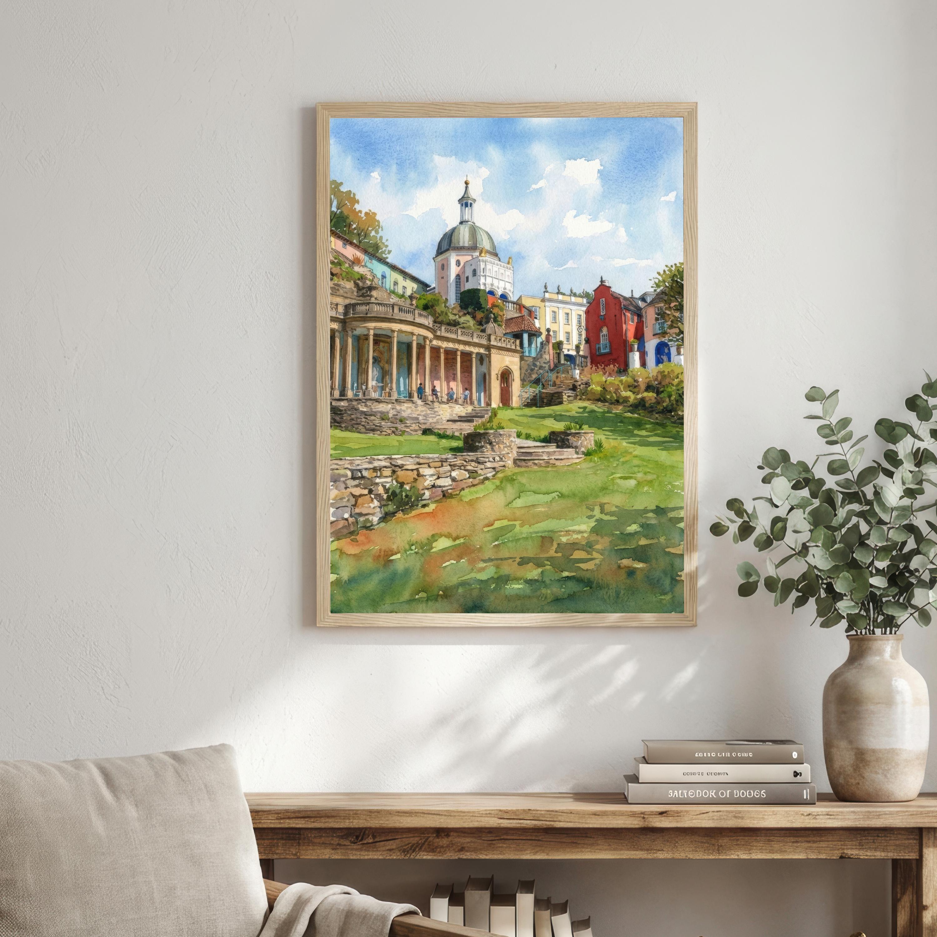 Portmeirion Village Wales Watercolour Print Coastal Landscape Wall Art UK Travel Decor