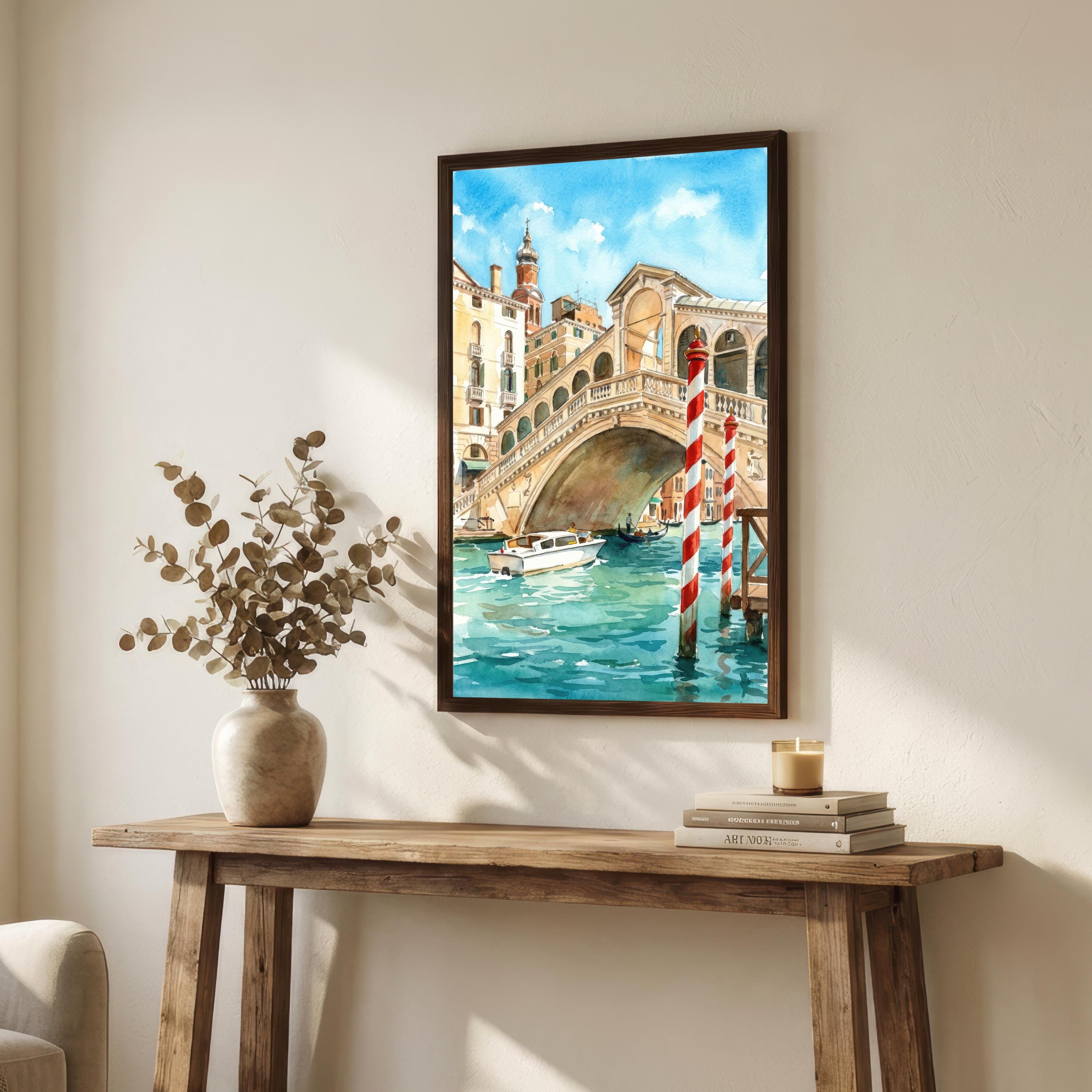 Rialto Bridge Venice Watercolour Painting: Italy Canal City Landscape Print