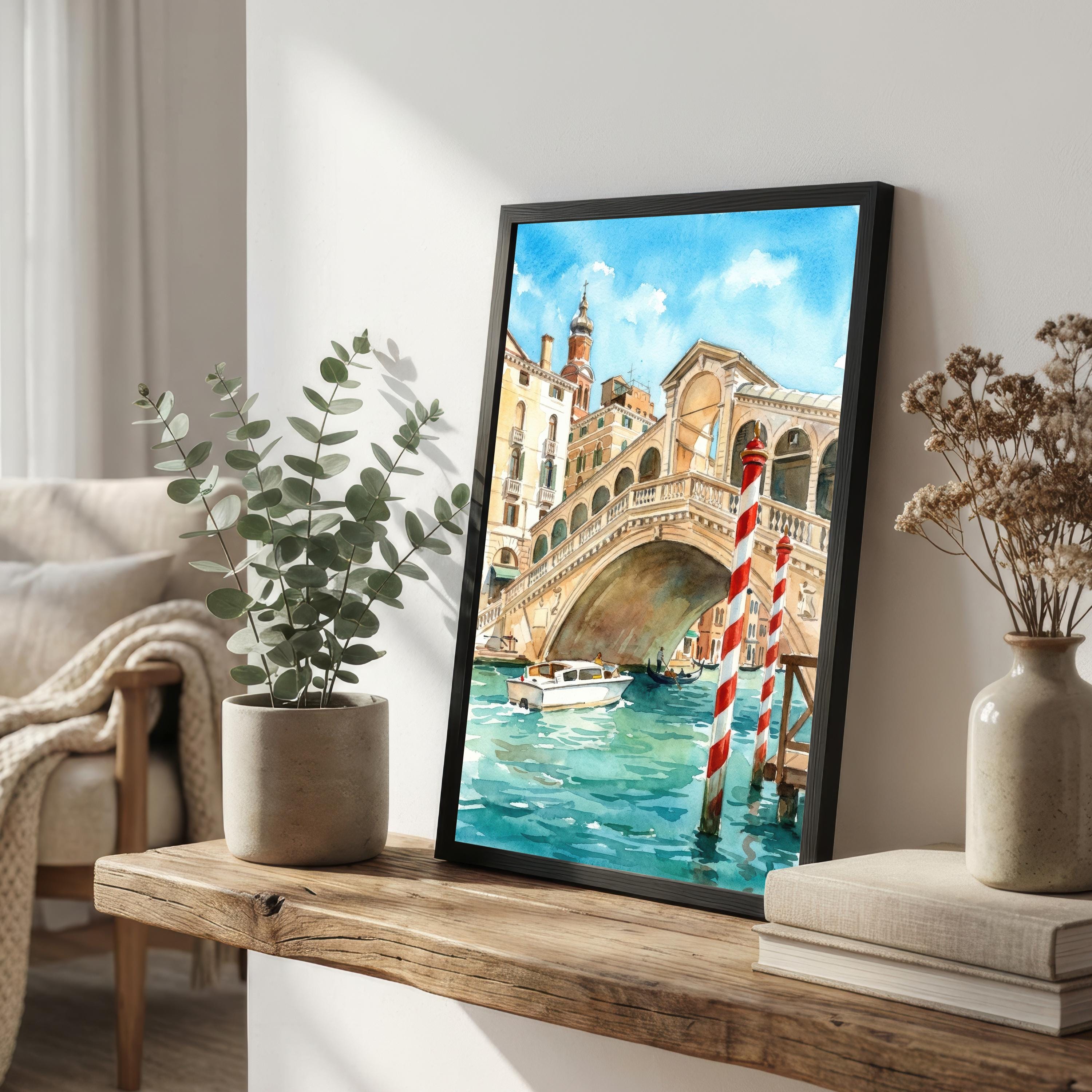 Rialto Bridge Venice Watercolour Painting: Italy Canal City Landscape Print