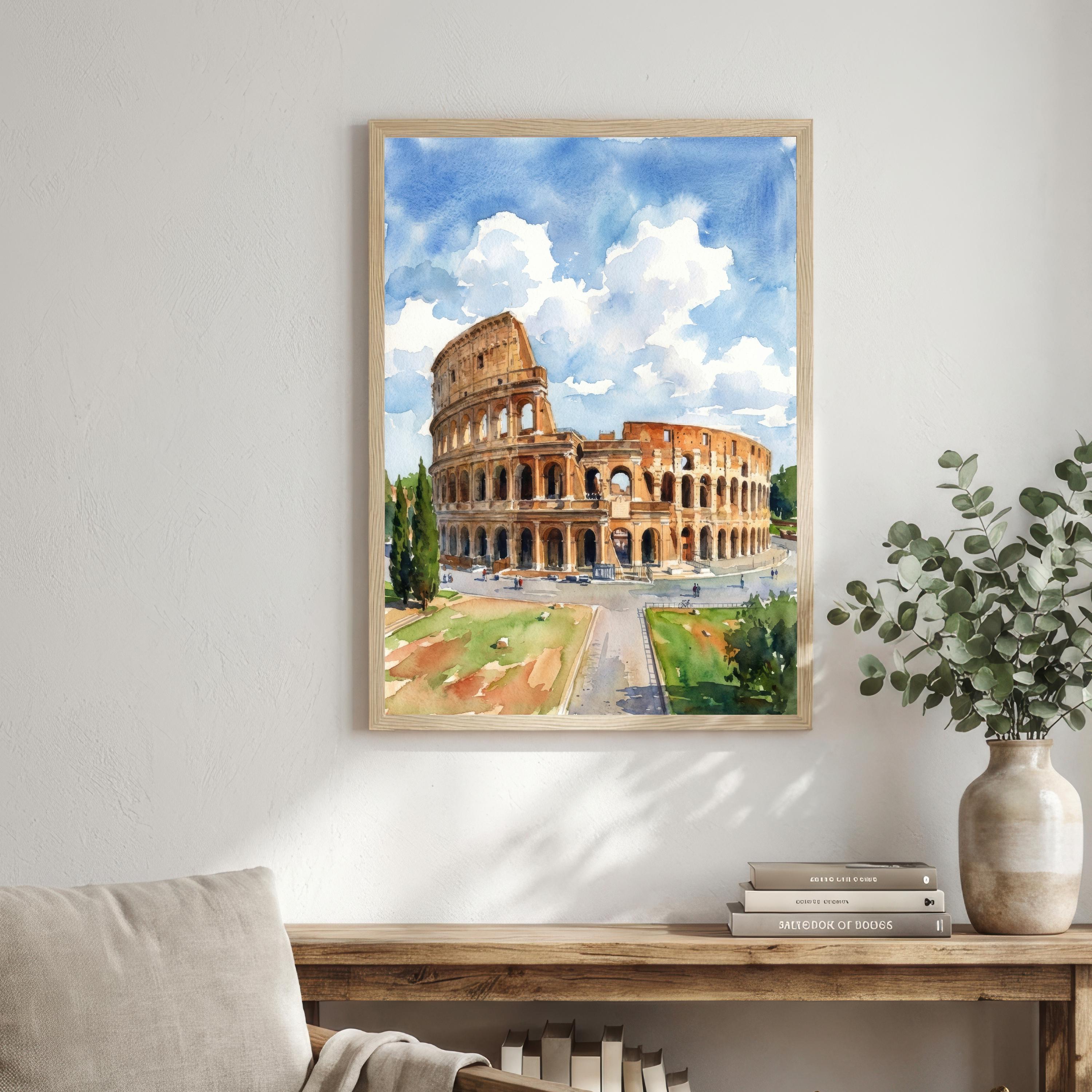Rome Watercolour Painting Print Historic Colosseum Wall Art European Travel Decor