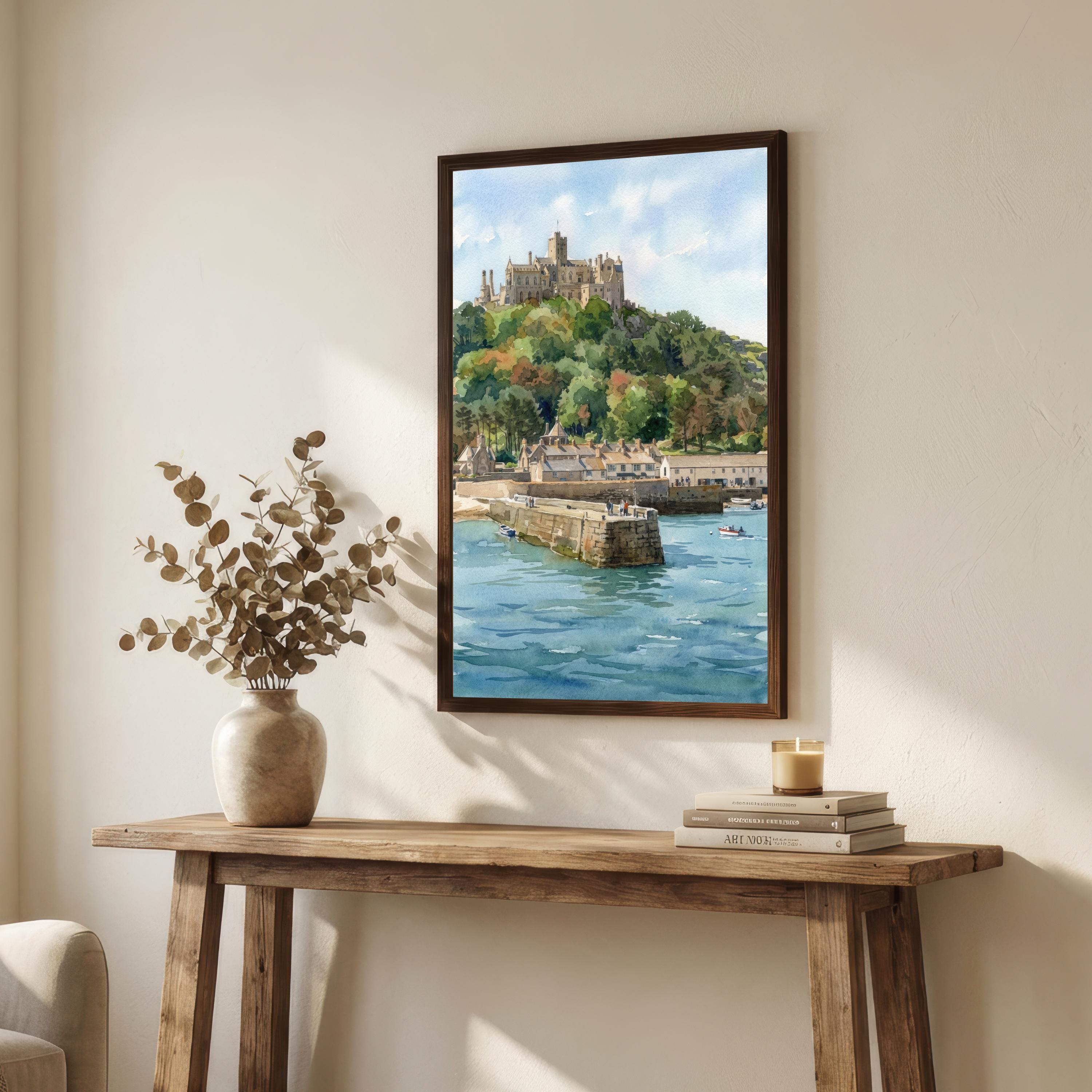 St Michaels Mount Watercolour Print, Cornwall Coastal Castle Landscape Wall Art